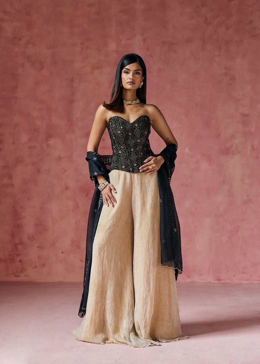 Zafira Black Embroidered Velvet Corset