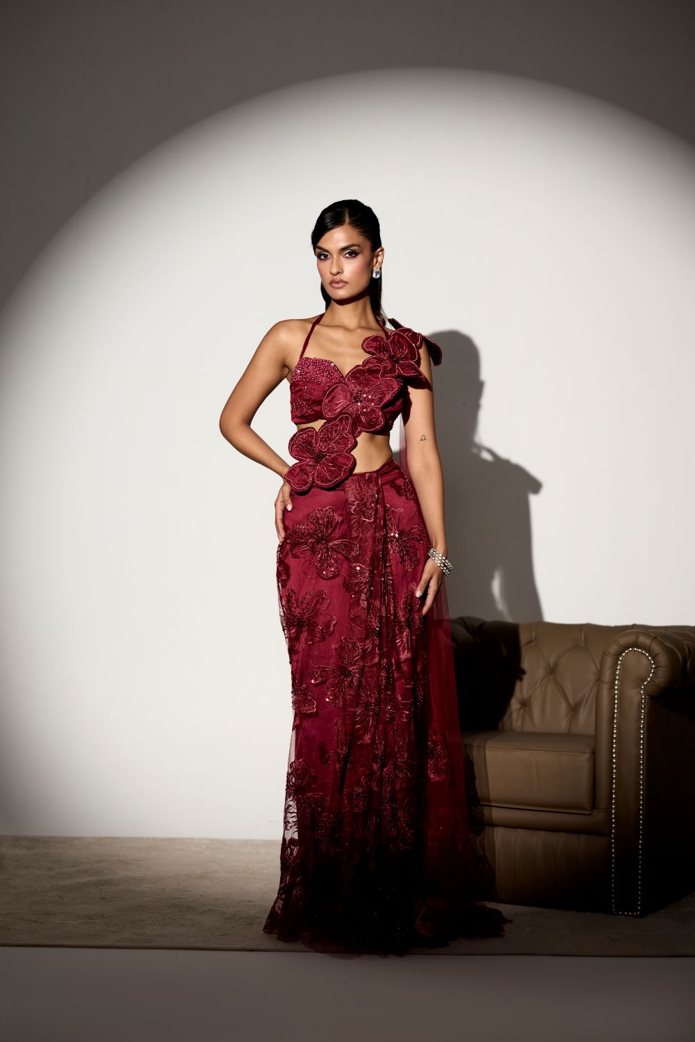 Kalini Maroon Floral Embroidered Saree