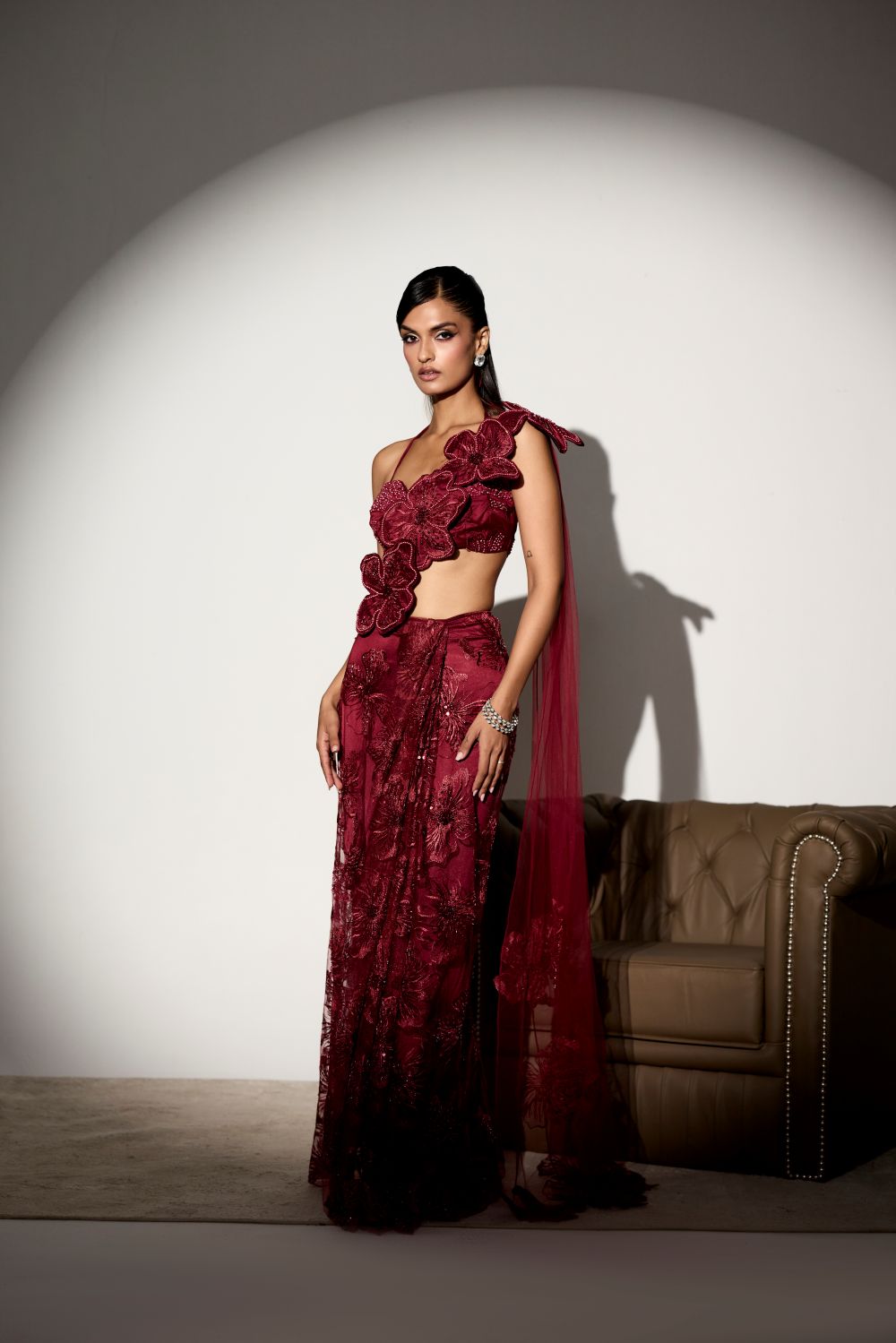 Kalini Maroon Floral Embroidered Saree