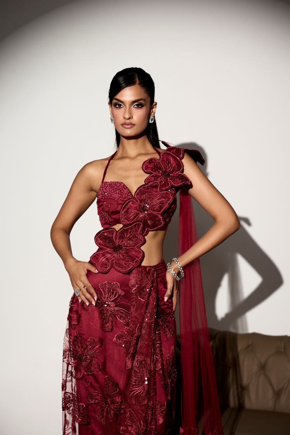 Kalini Maroon Floral Embroidered Saree