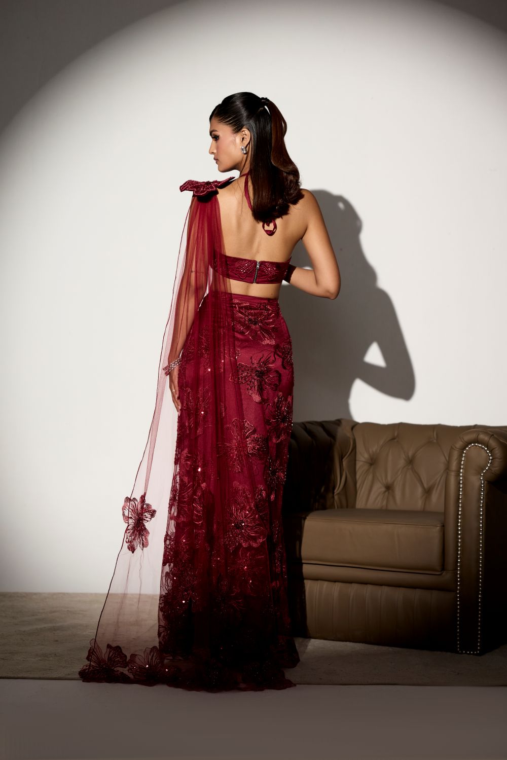 Kalini Maroon Floral Embroidered Saree