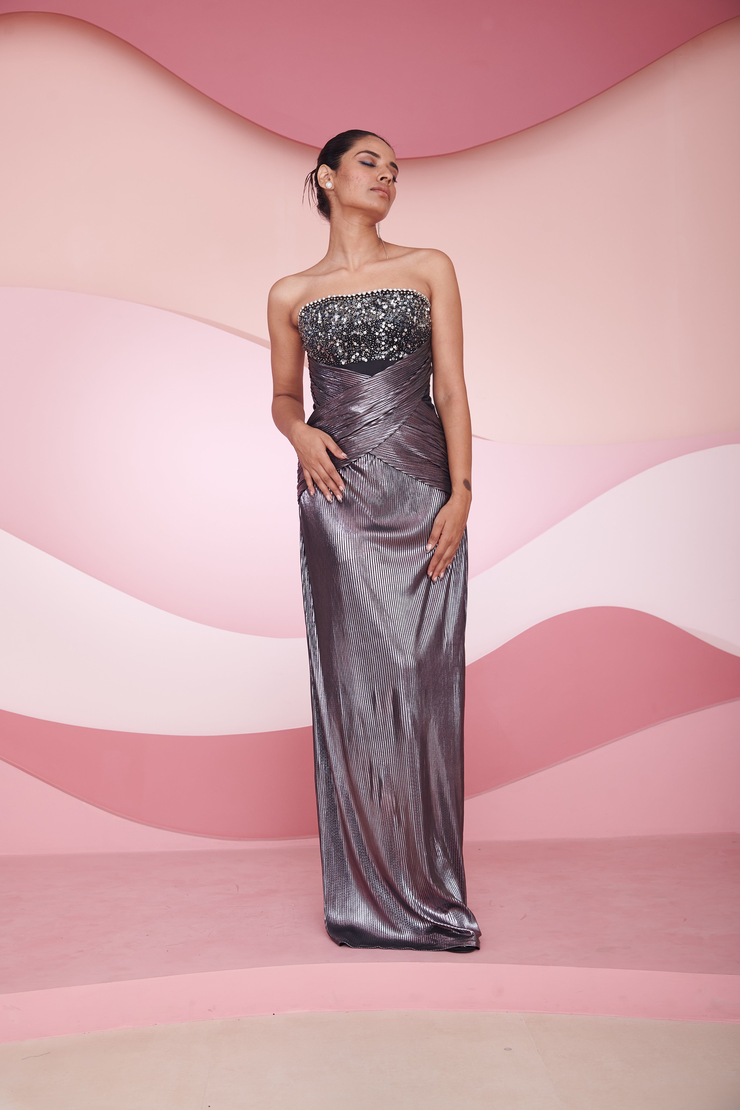 Metallic bustier gown
