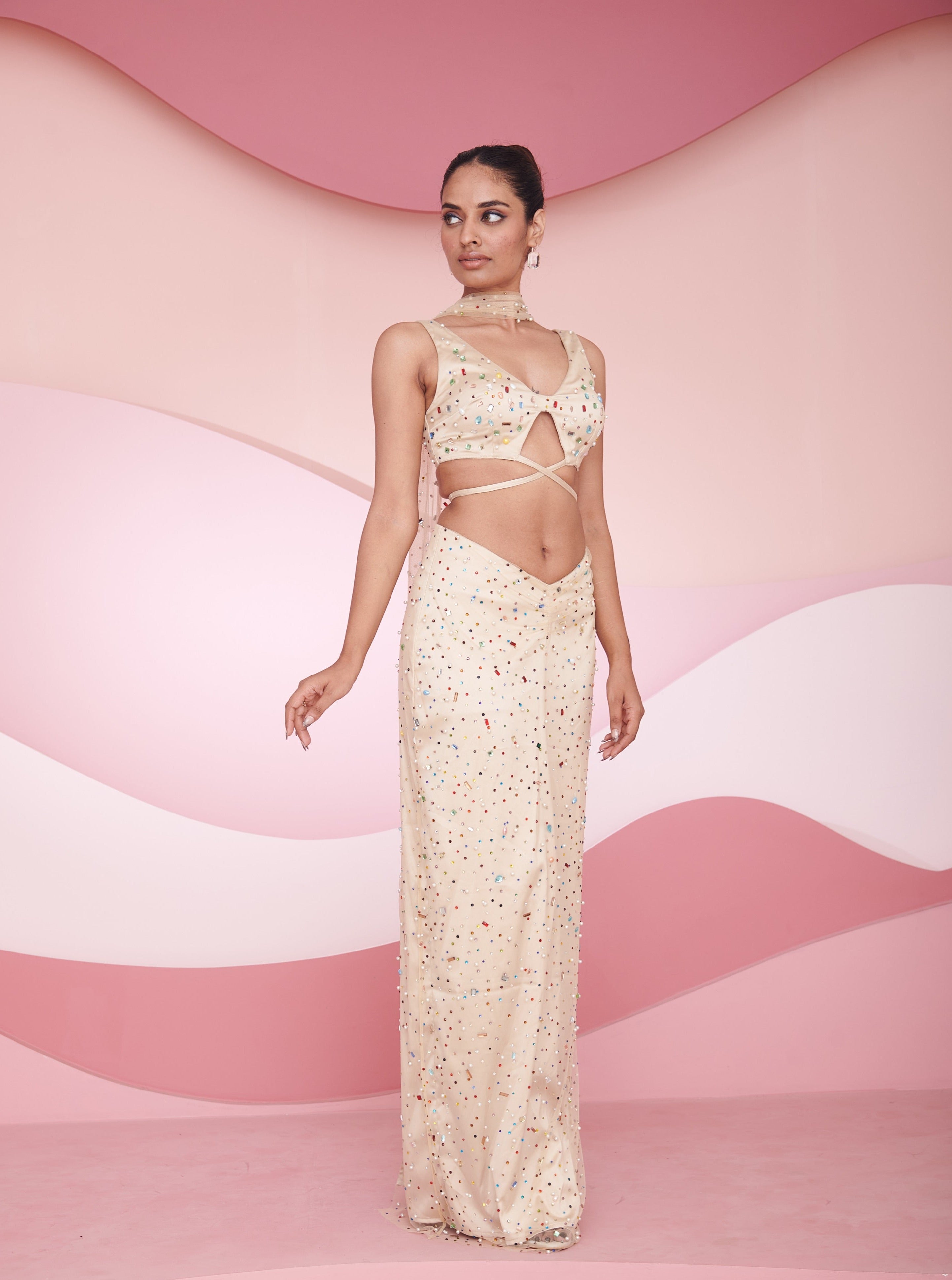 Novi Nude Rhinestone Hand Embroidered Coord Set
