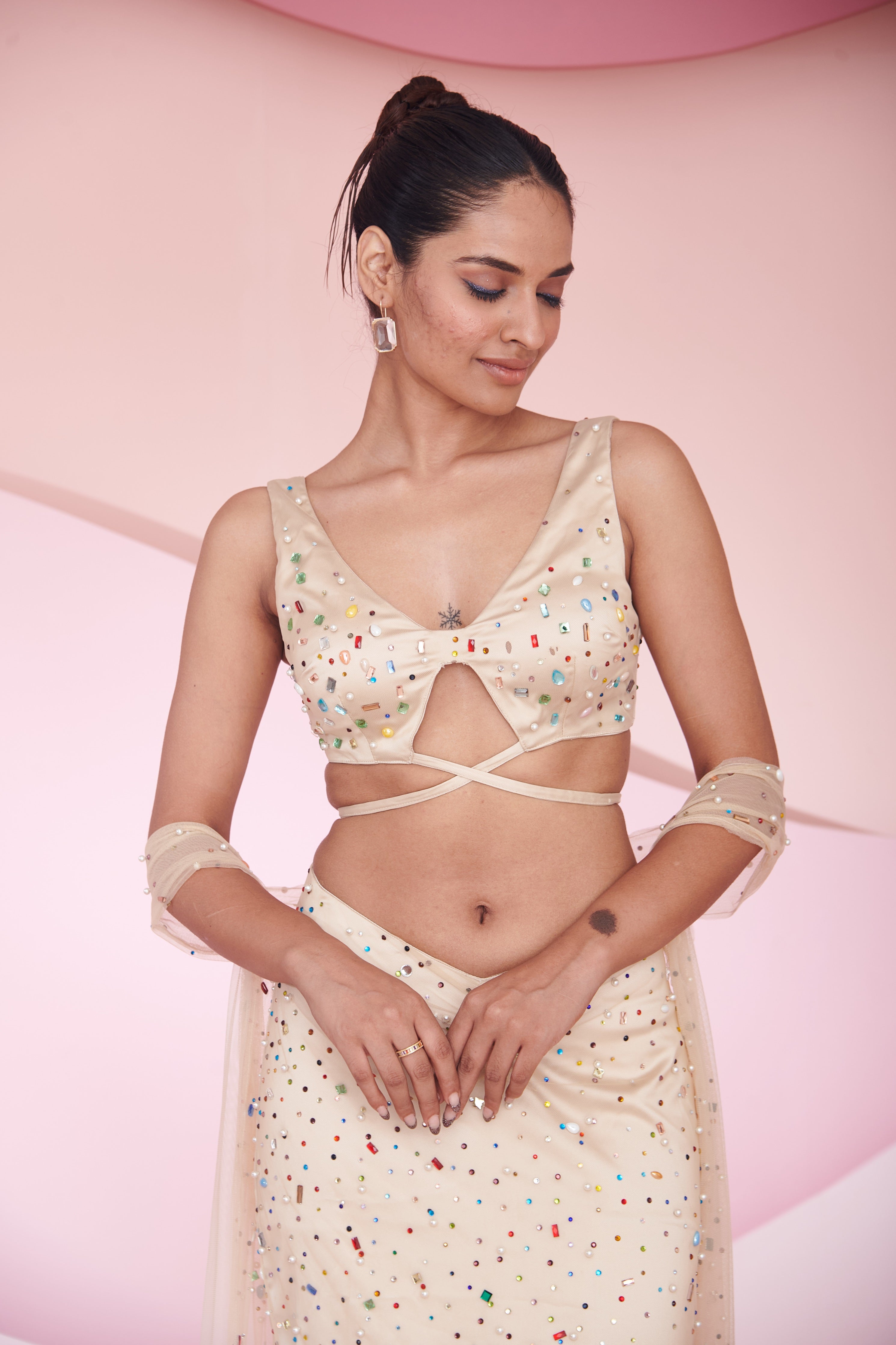 Novi Nude Rhinestone Hand Embroidered Coord Set