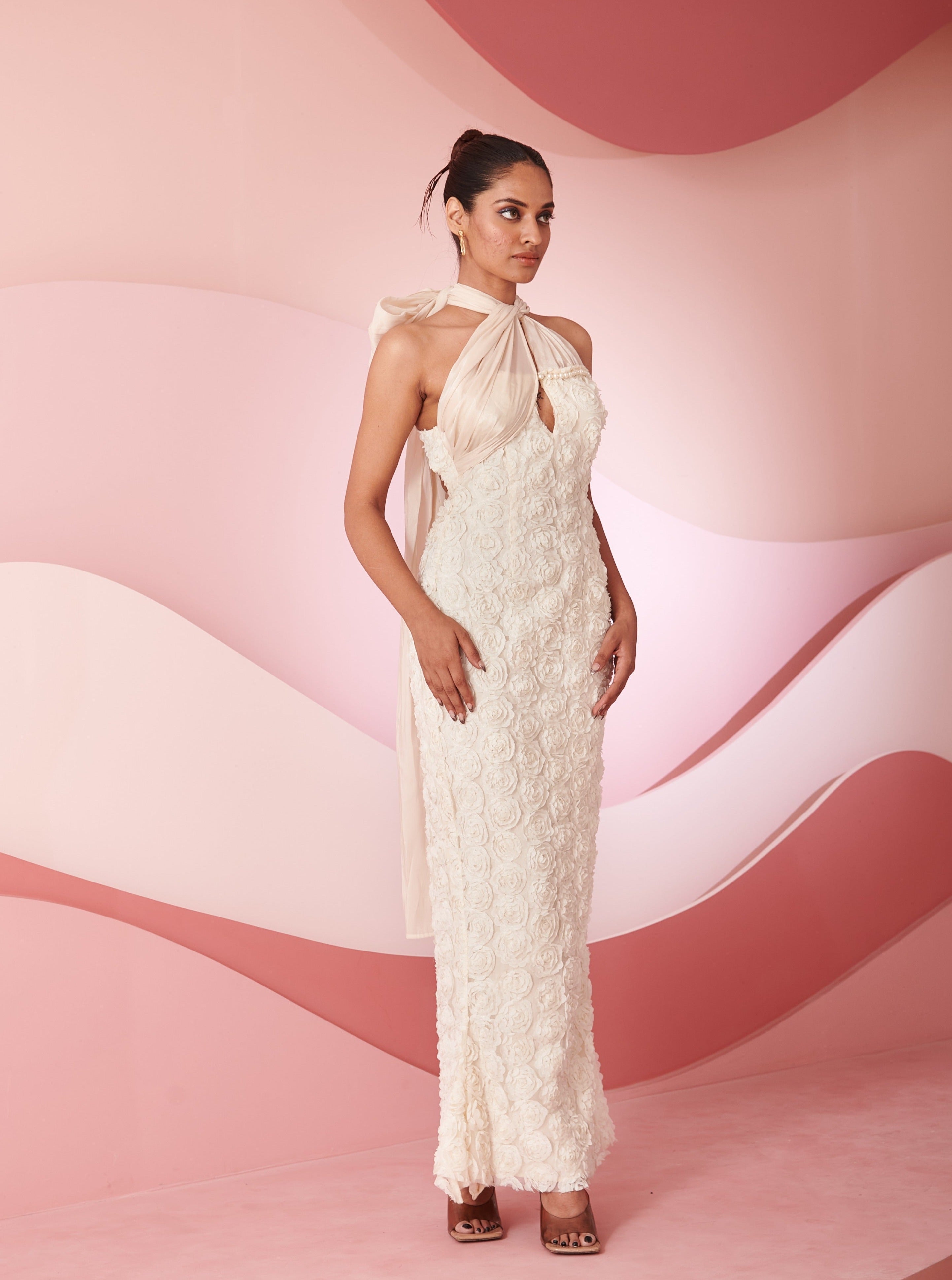 Rabia Ivory 3D Floral Embroidered Cutout Gown