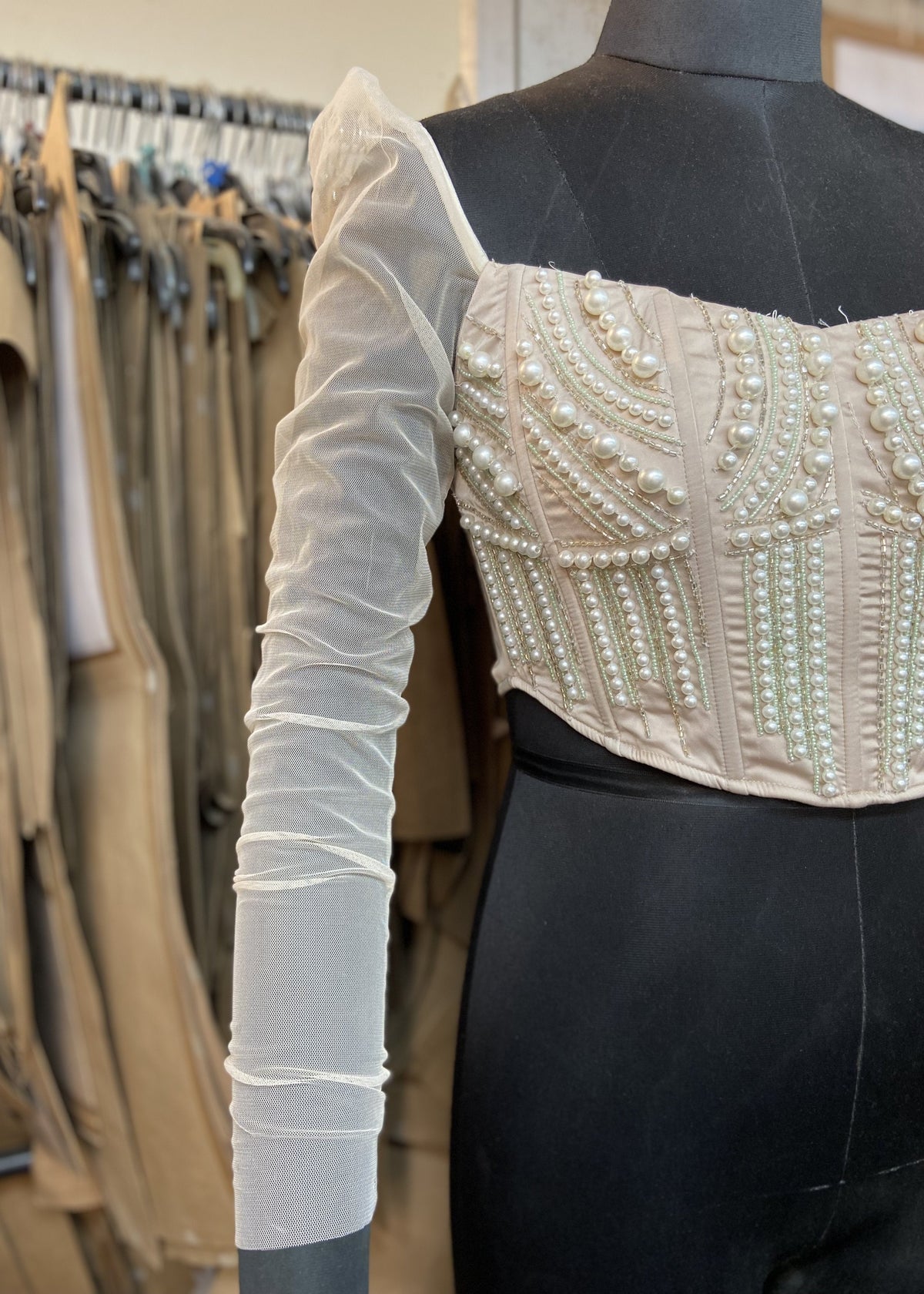 Leila Long Mesh Sleeve Hand Embroidered Corset Blouse