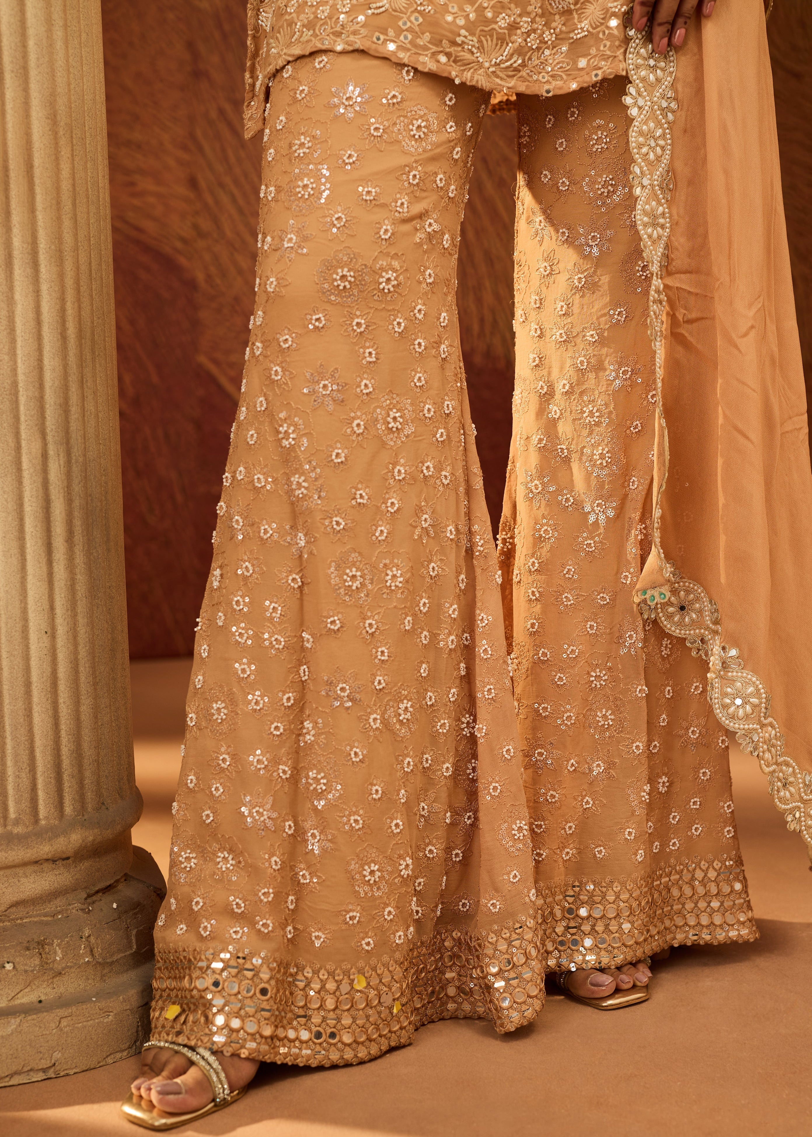 Namya Buff Orange Embroidered Sharara Set
