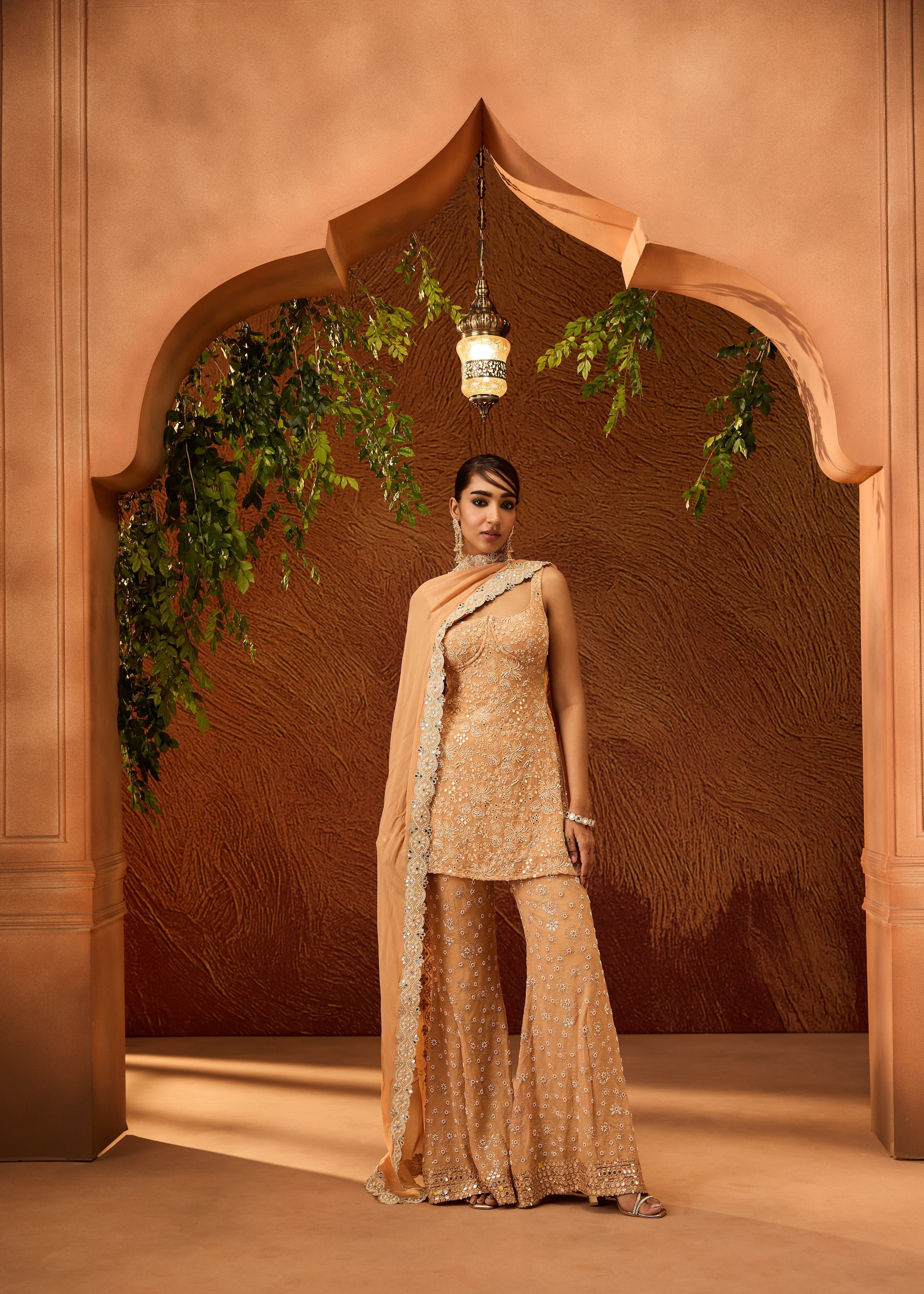 Namya Buff Orange Embroidered Sharara Set
