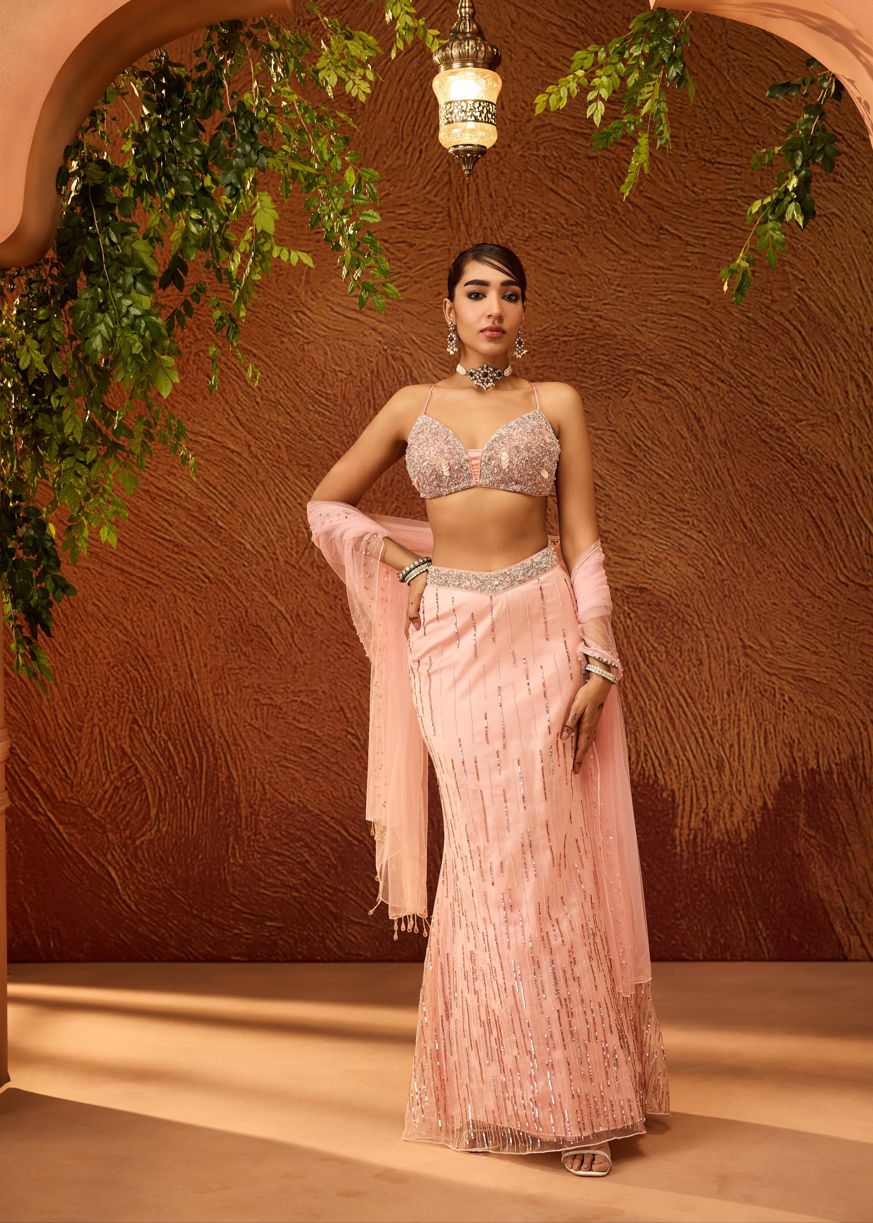 Pankhuri Baby Pink Embellished Mermaid Lehenga Set
