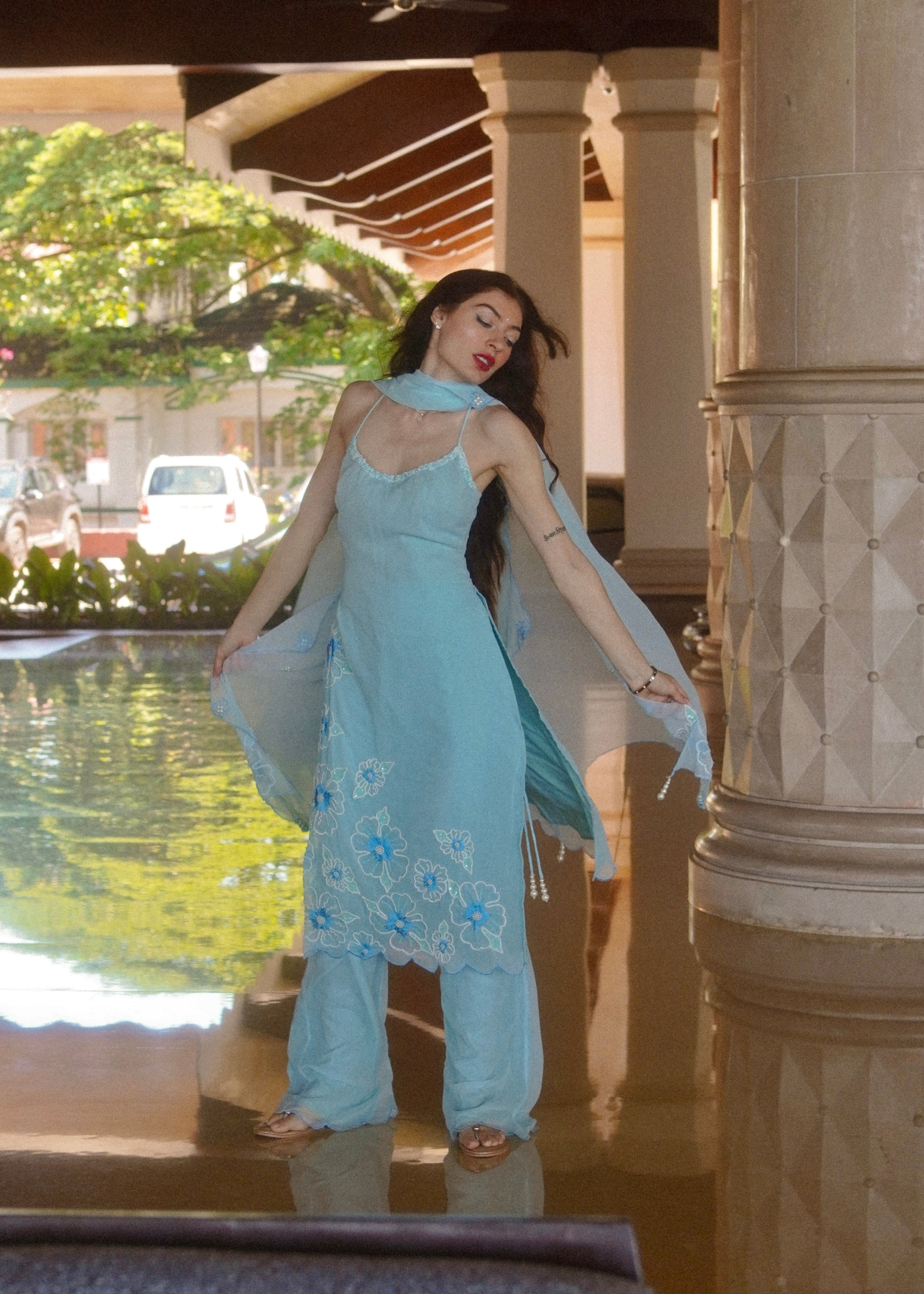 Raaya Baby Blue Hand-Embroidered Sleeveless Suit
