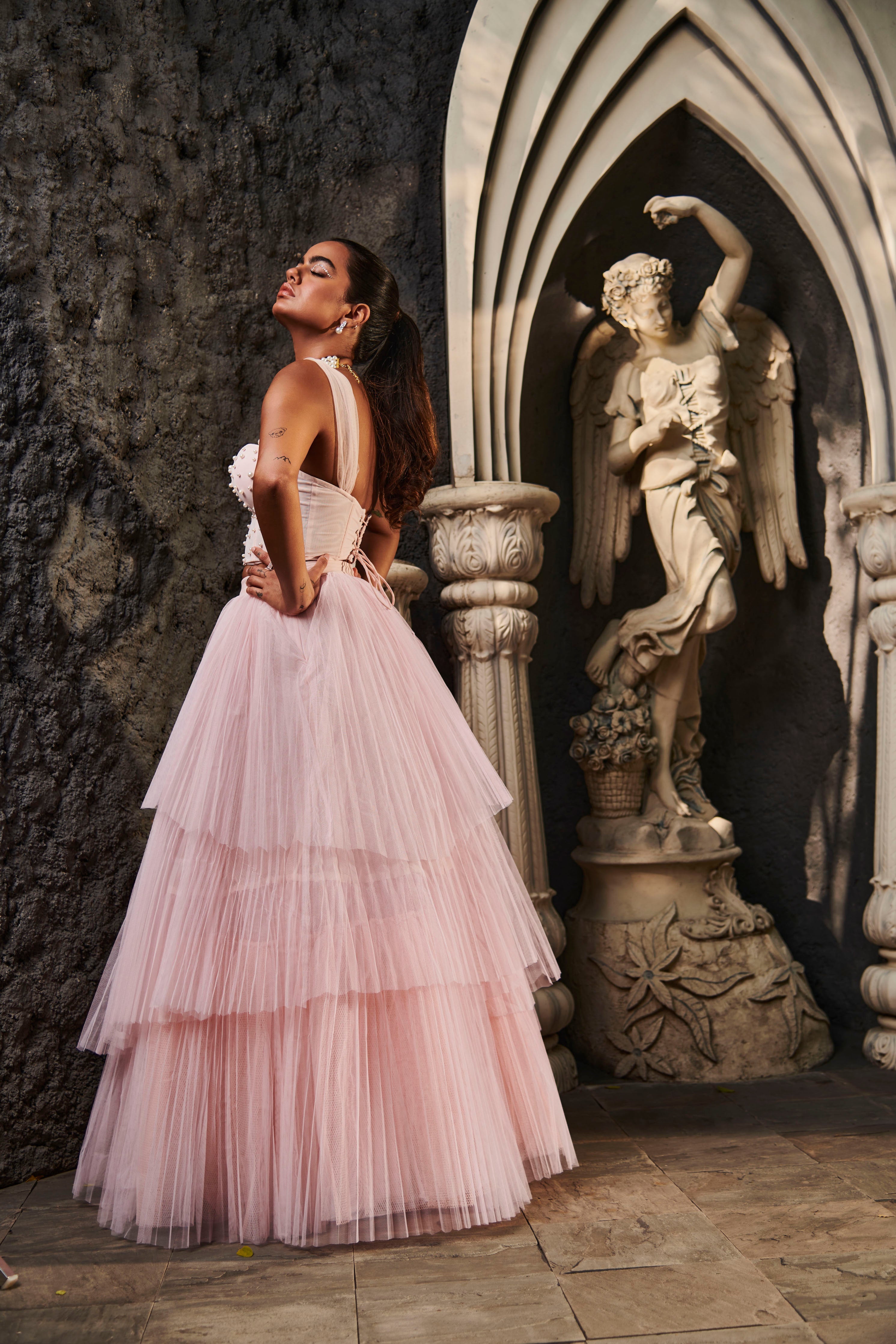 Buy Baby Pink Pearl Tulle Lehenga Set