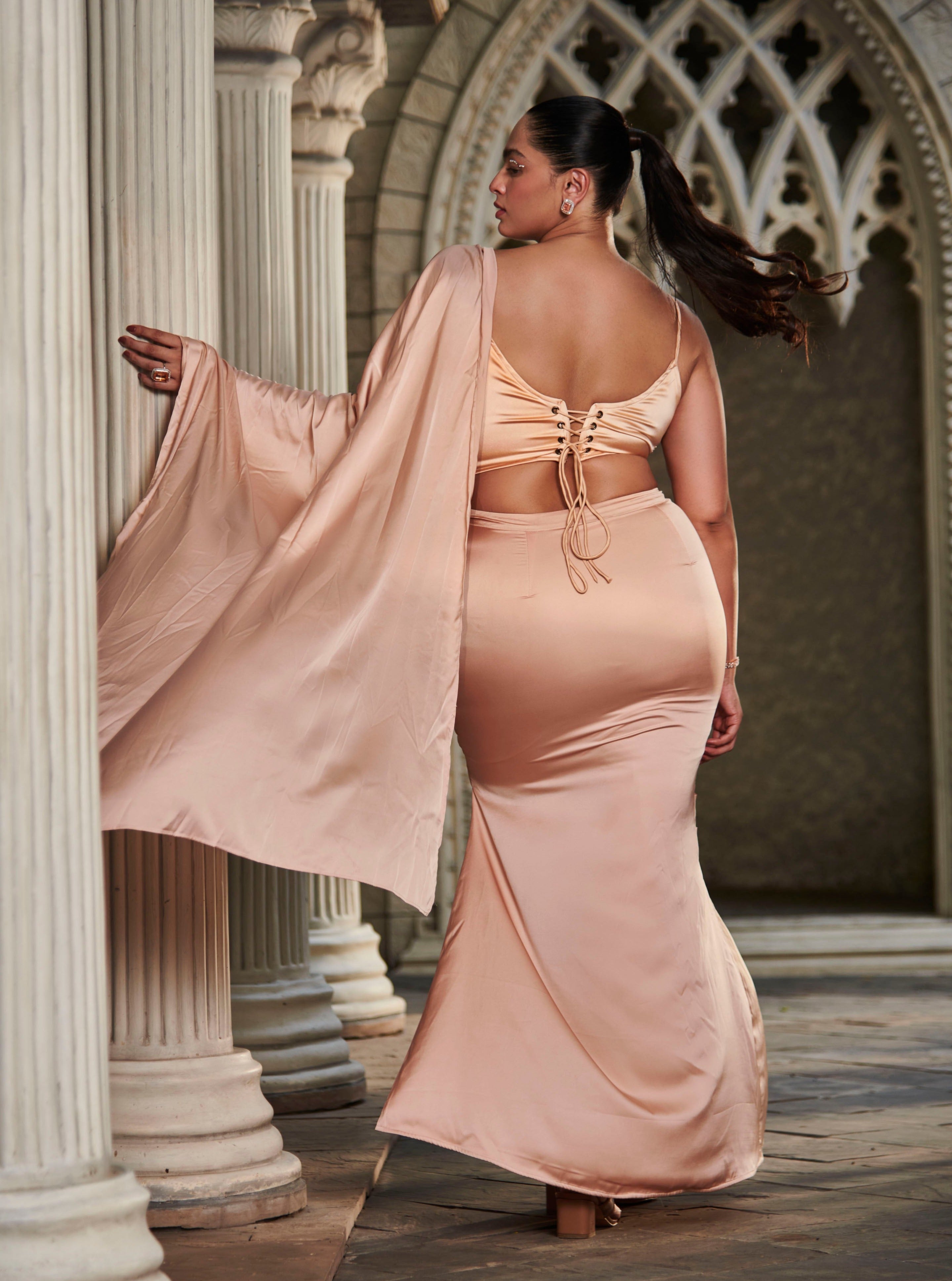 Embroidered Apricot Saree Set
