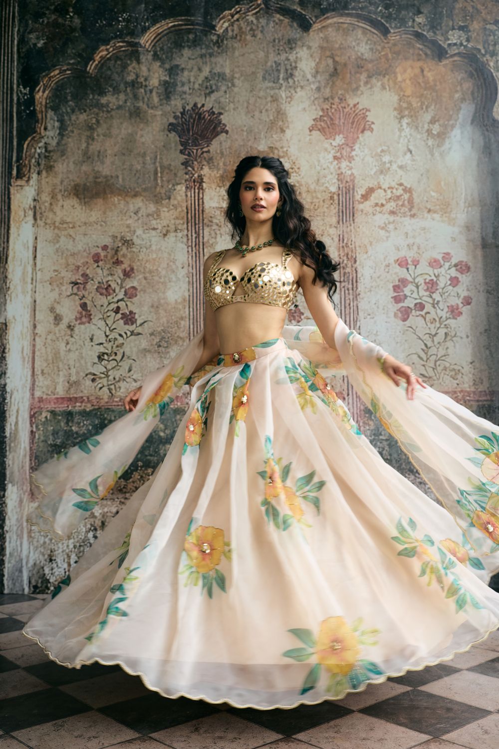 Aarvi Mirror Hand Embroidered Blouse and Floral Organza Lehenga Set