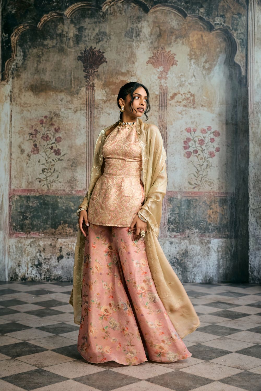 Aleena Peach Banarasi Brocade Kurta Floral Tissue Sharara Set