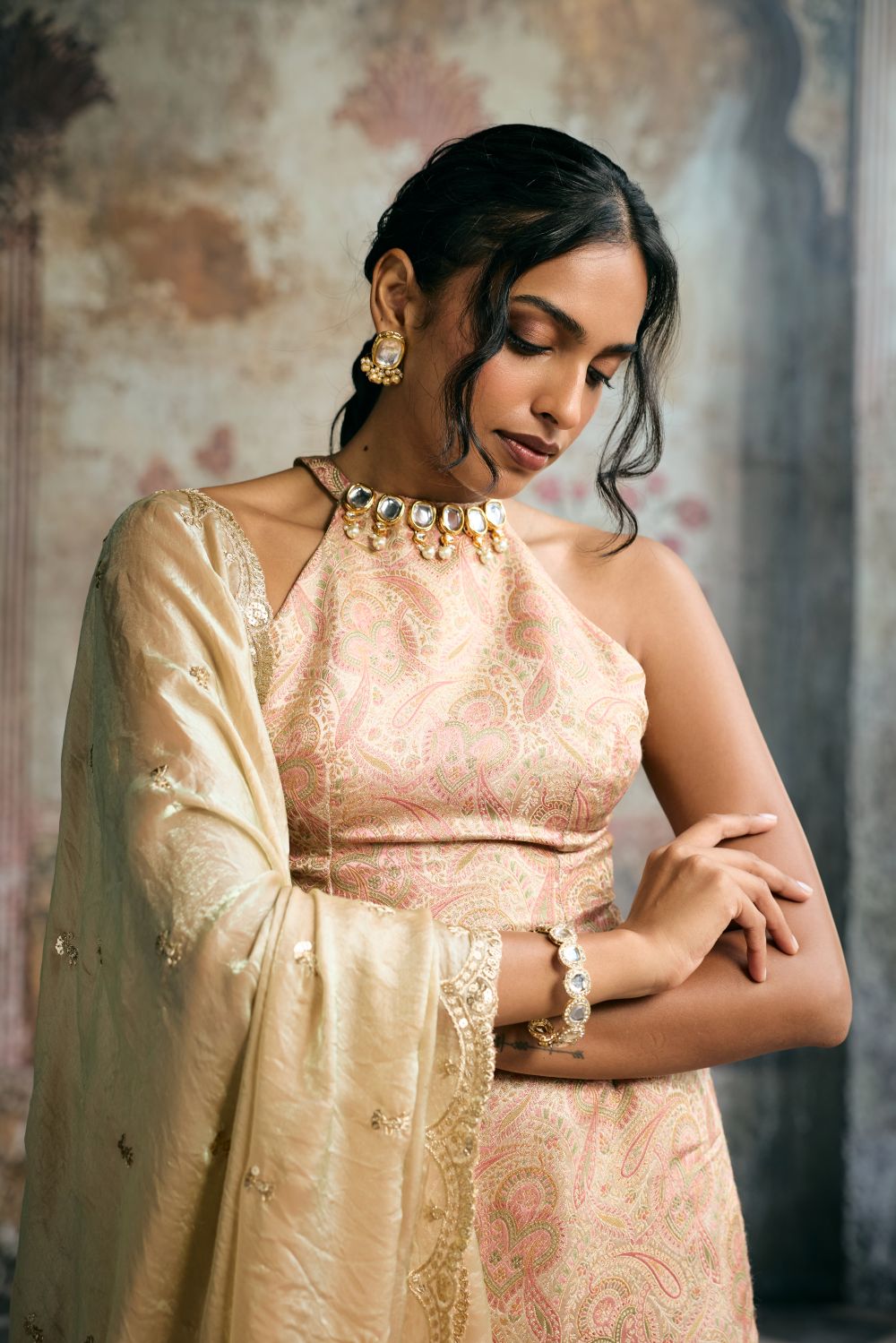 Aleena Peach Banarasi Brocade Kurta Floral Tissue Sharara Set