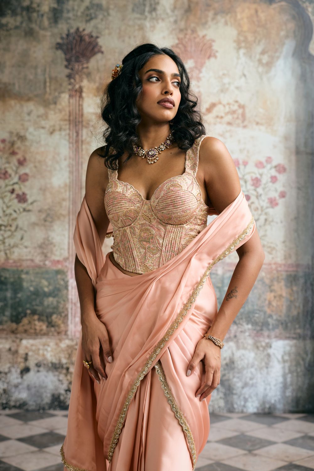 Lehar Peach Satin Georgette and Banarasi Brocade Corset Saree Set