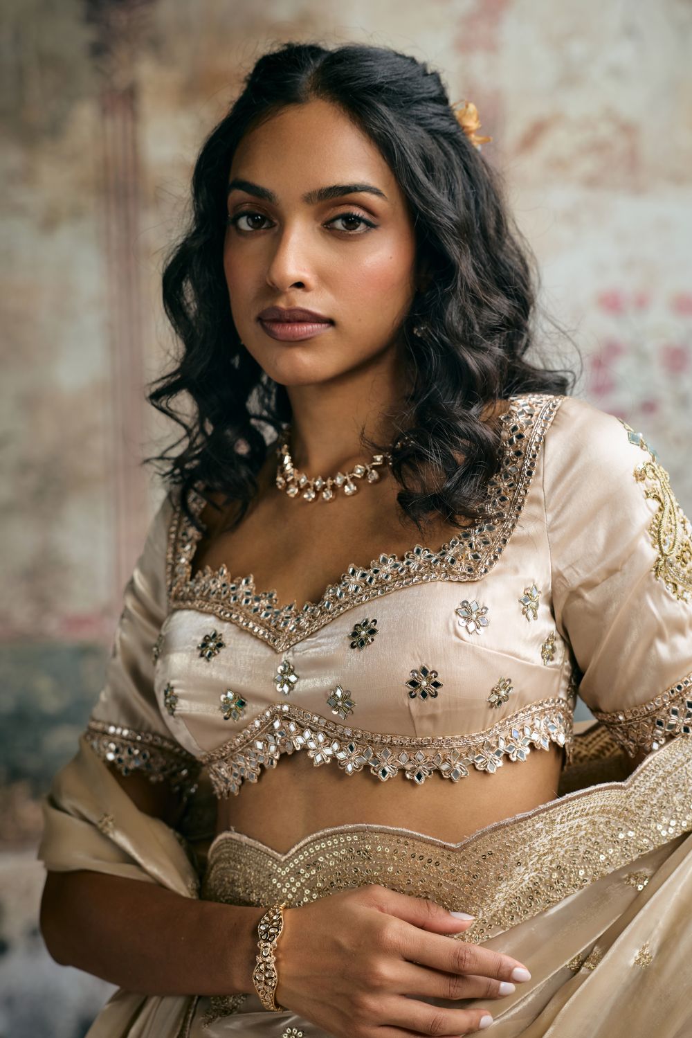 Aarzoo Champagne Silk Tissue Hand Embroidered Blouse