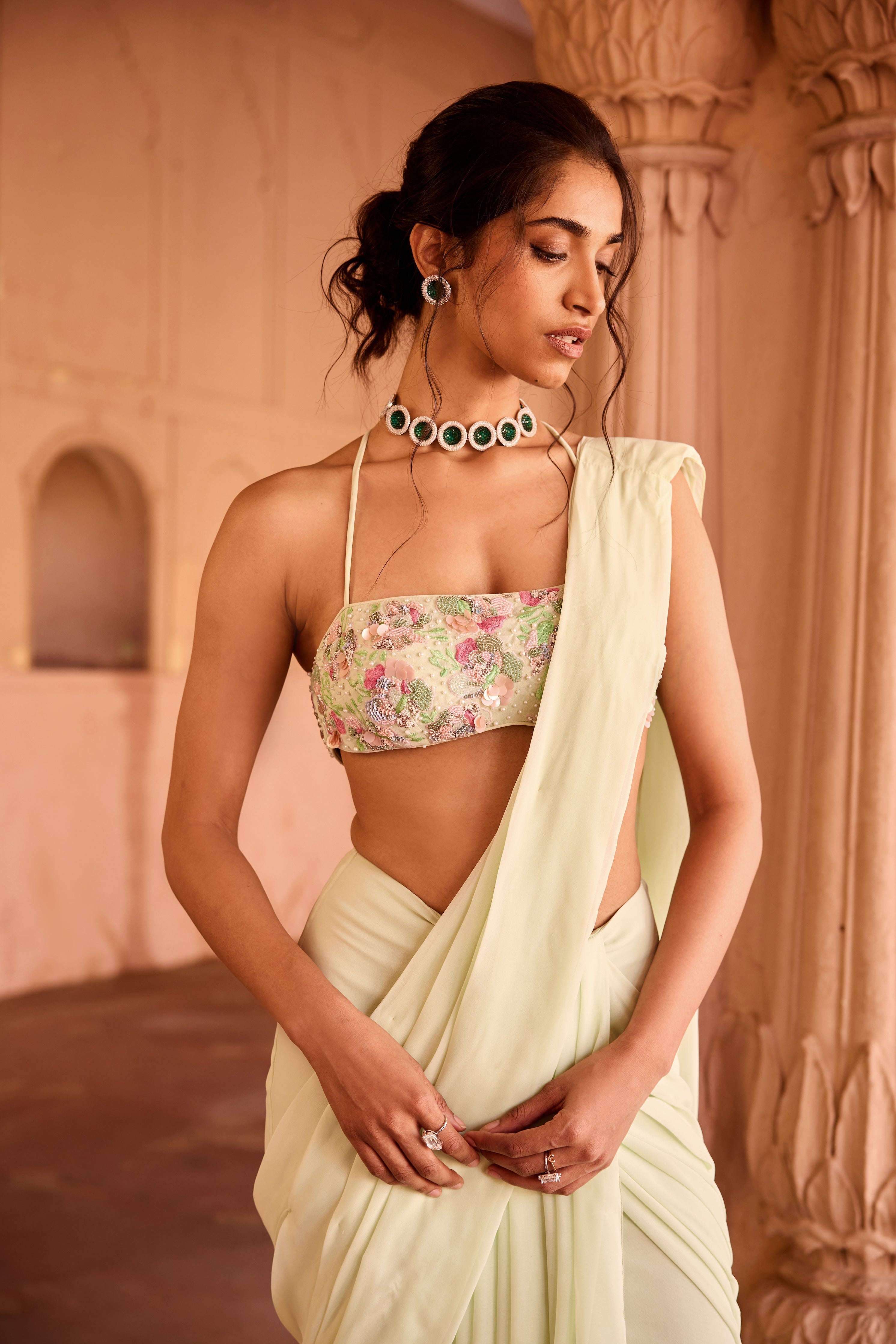 Yasira Pastel Green Georgette Pre-Stitched Saree