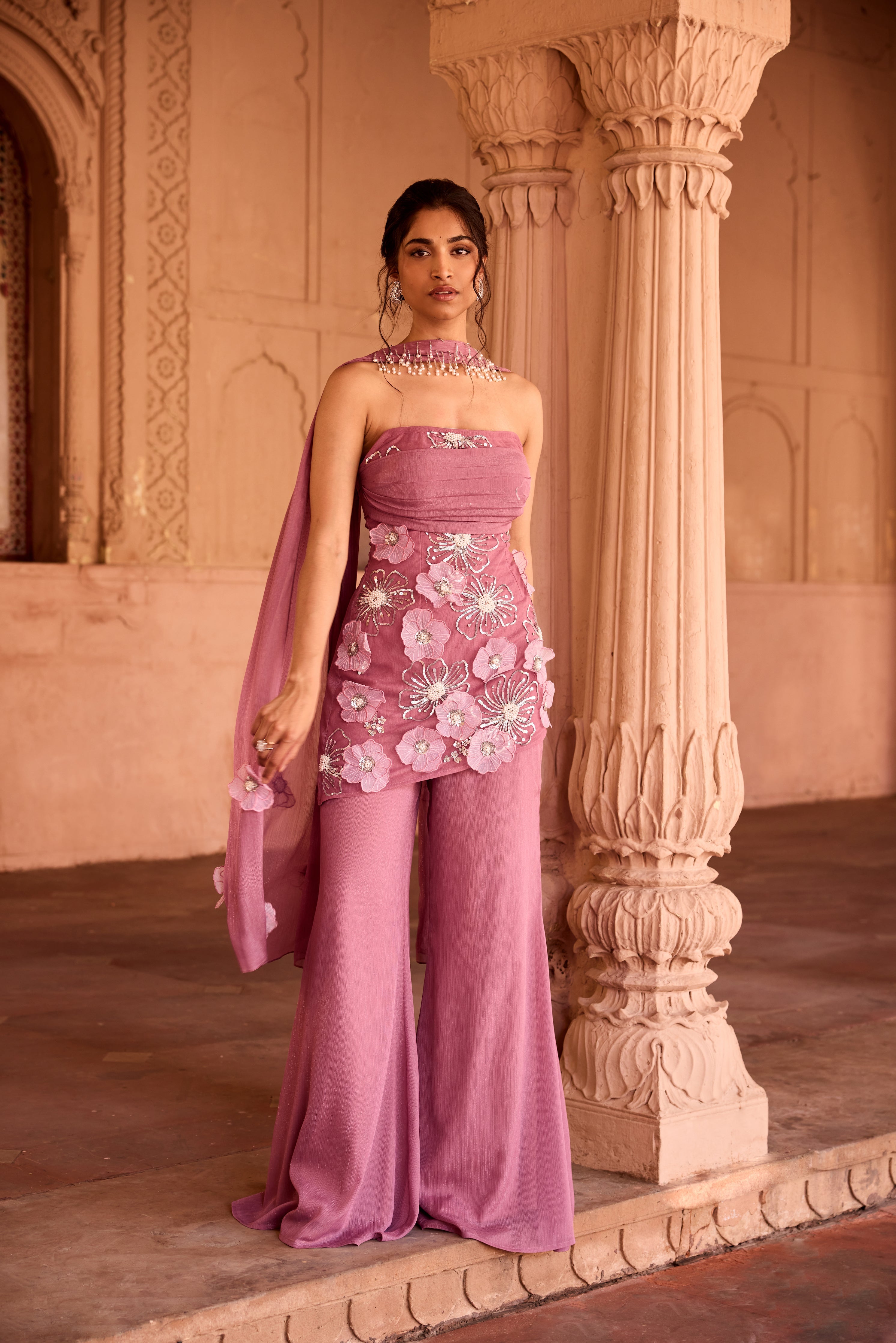 Nakhat Pink 3D Flower Embroidered Sleeveless Sharara Set