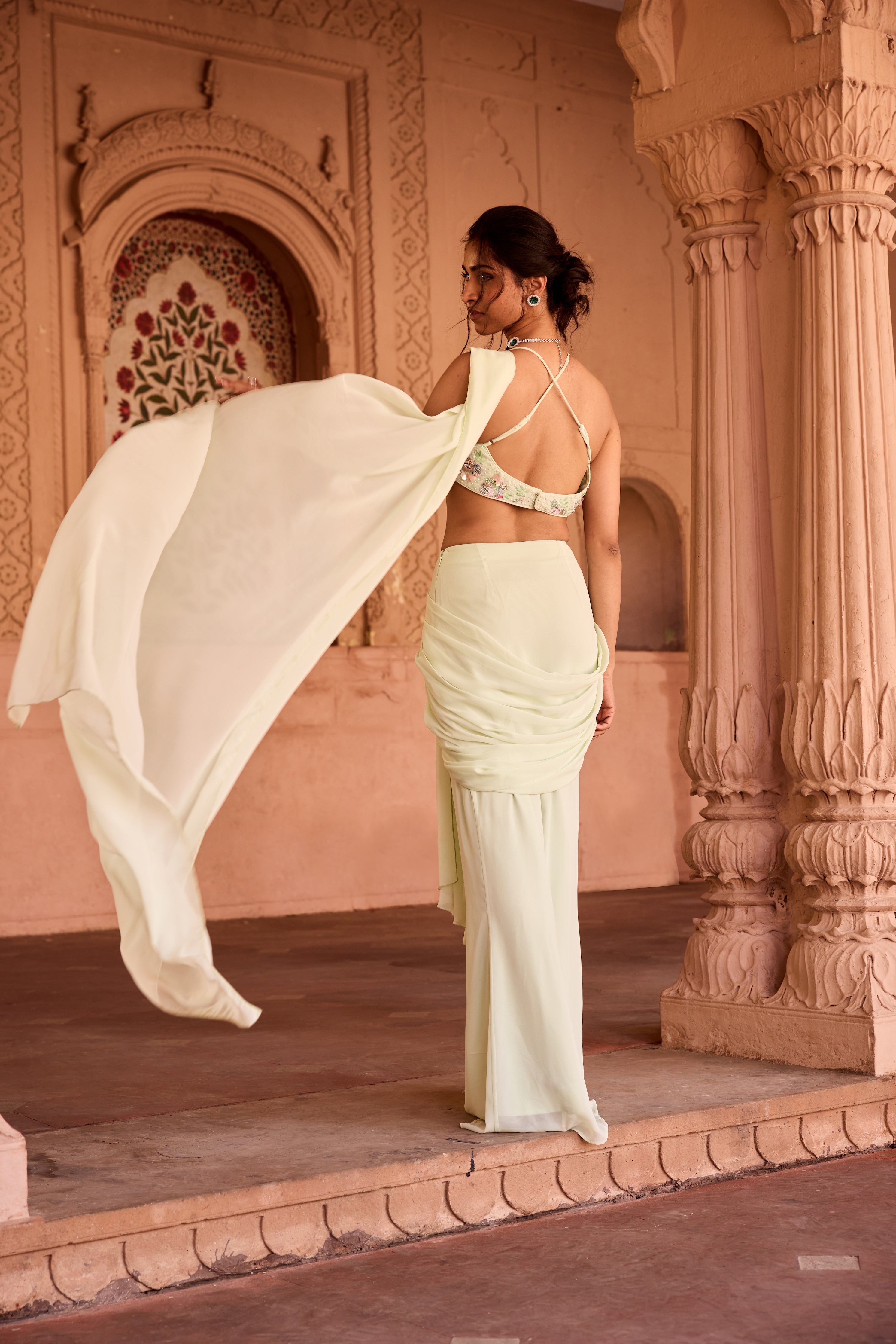 Yasira Pastel Green Georgette Pre-Stitched Saree