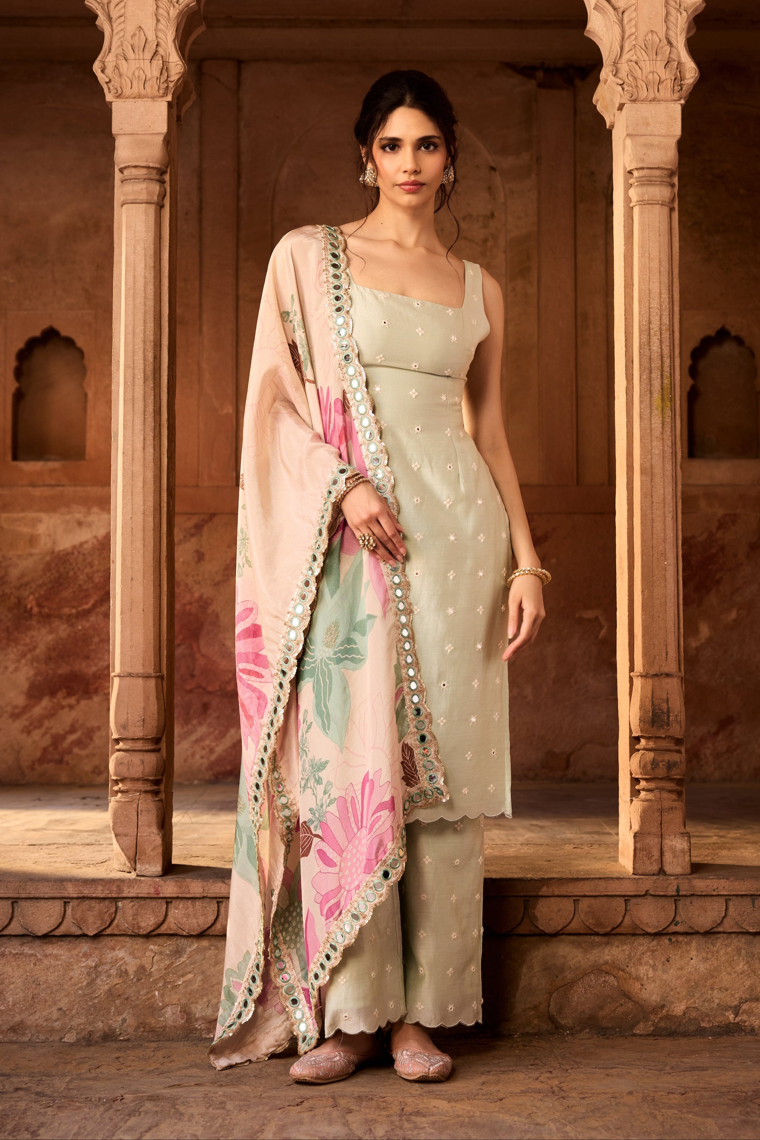 Nusra Sage Green Long Kurta Set