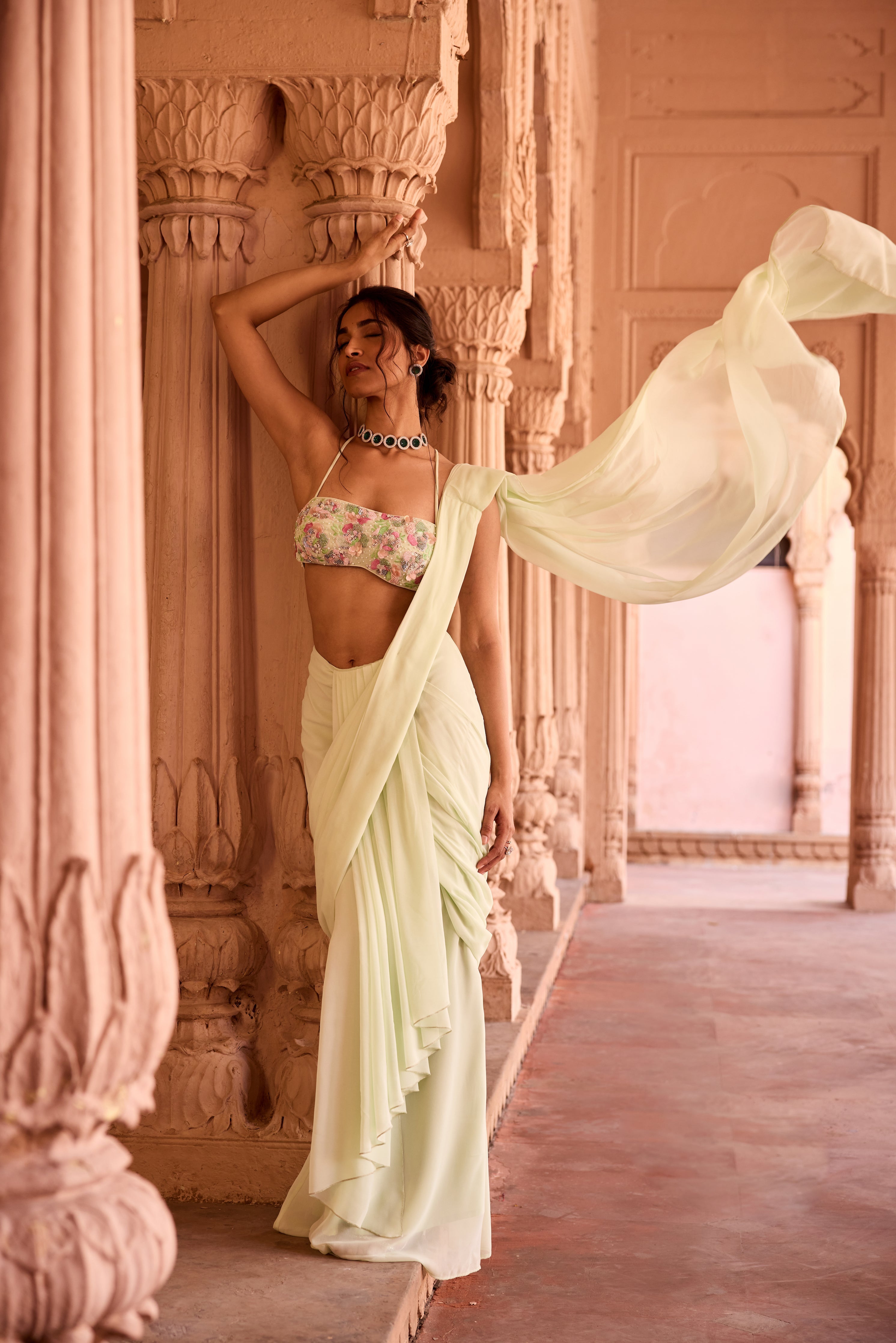 Yasira Pastel Green Georgette Pre-Stitched Saree