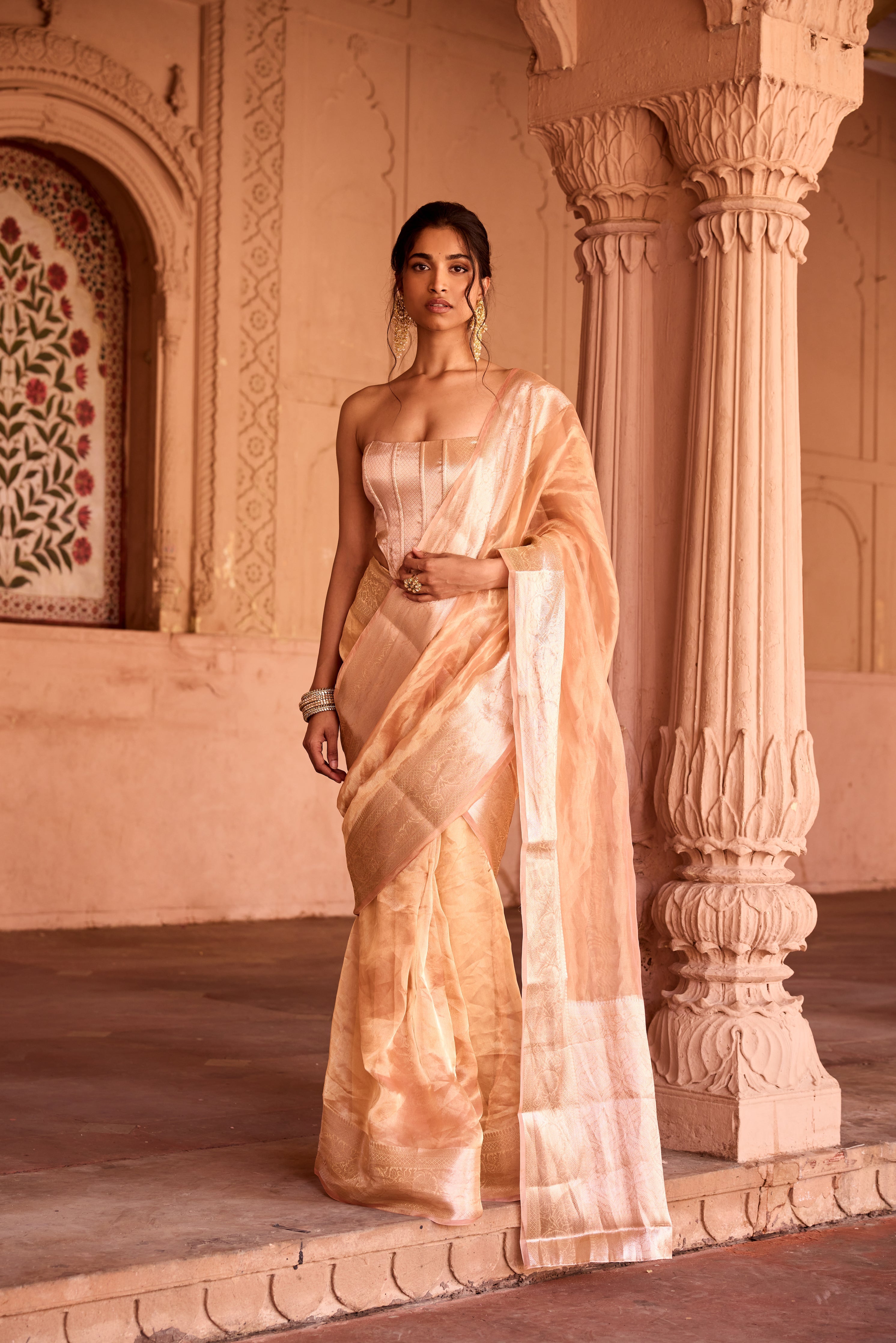 Suhaila Gold Tissue Pre-Draped Saree Set
