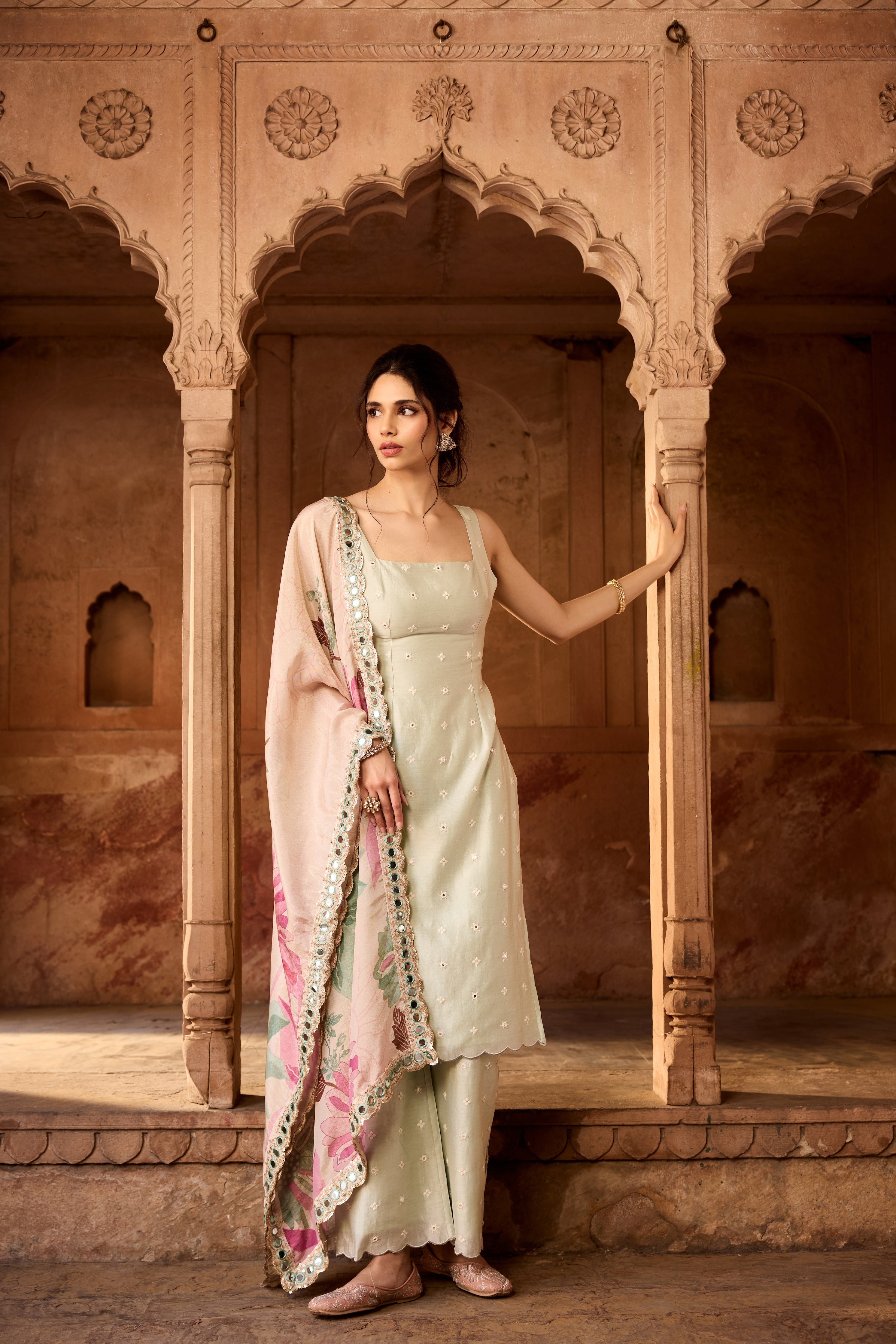 Nusra Sage Green Long Kurta Set