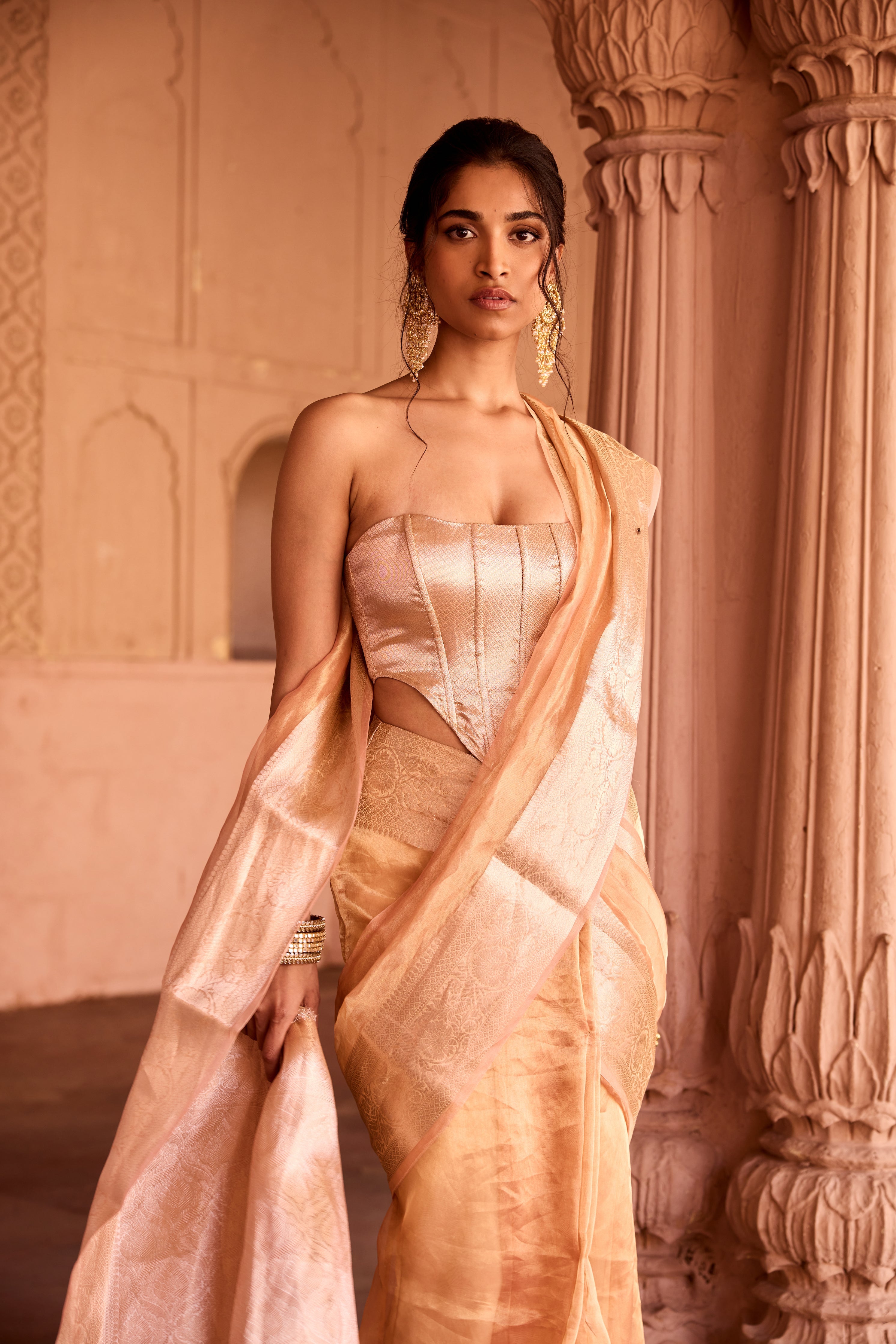 Suhaila Gold Tissue Pre-Draped Saree Set