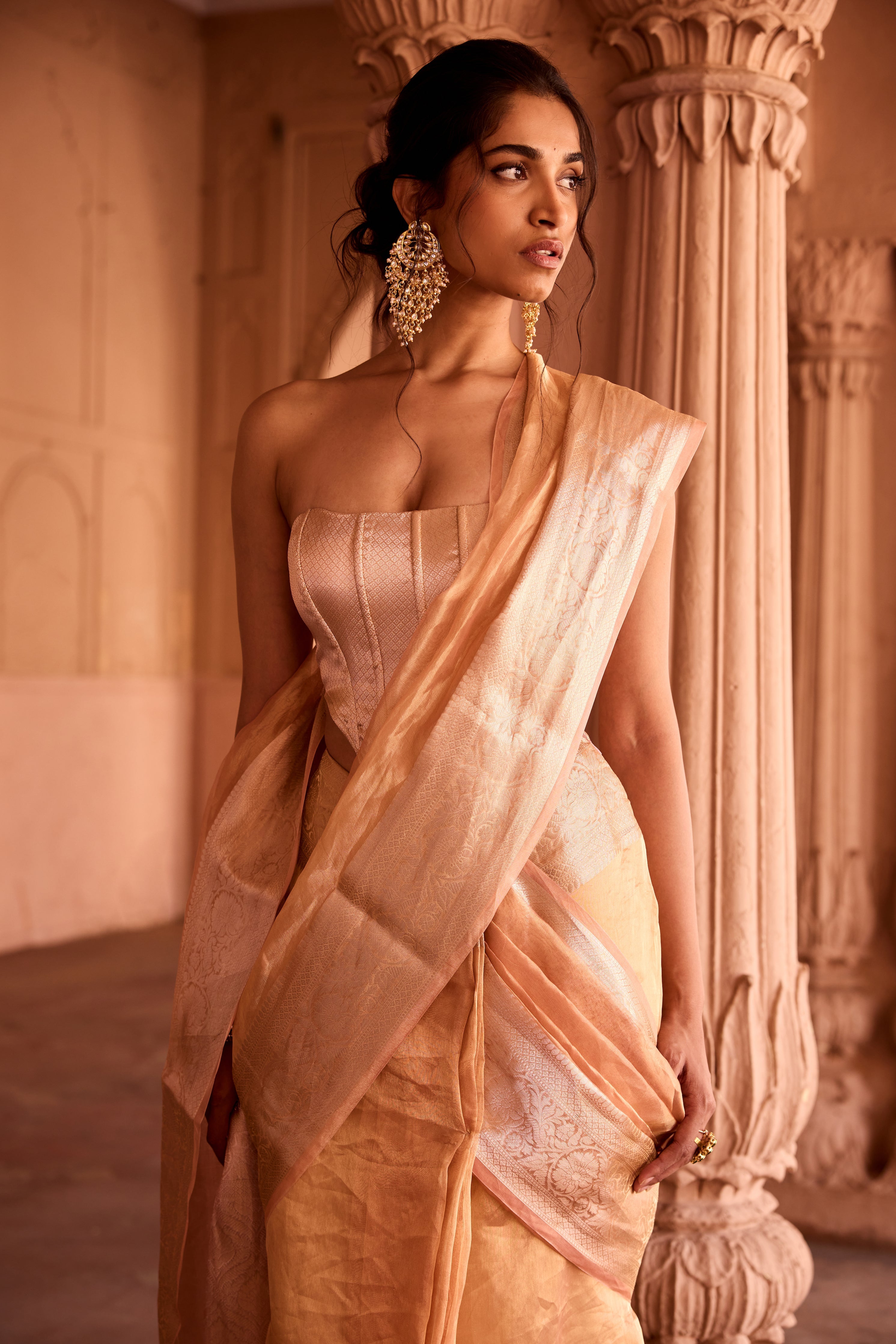 Suhaila Gold Tissue Pre-Draped Saree Set