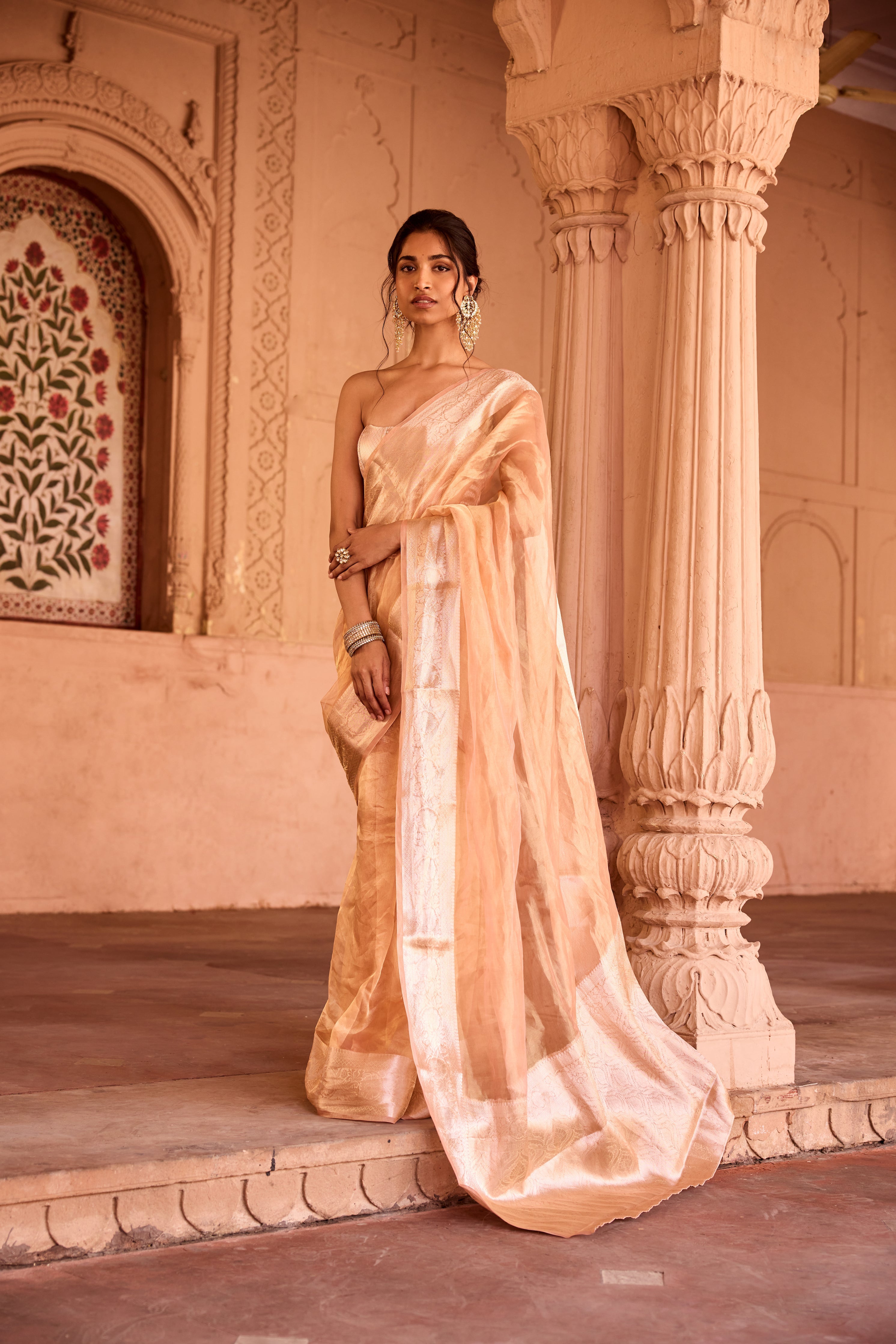 Suhaila Gold Tissue Pre-Draped Saree Set