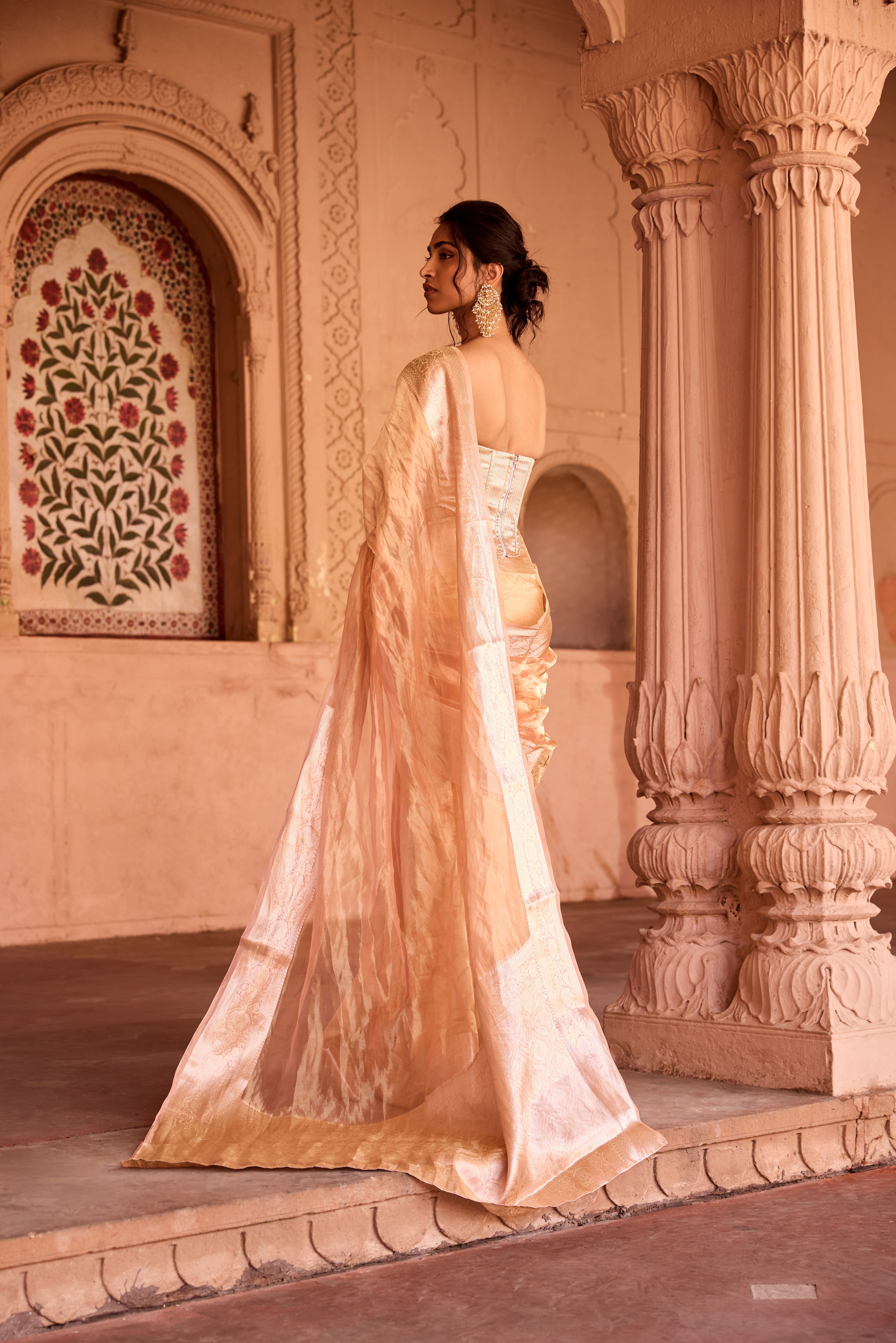 Suhaila Gold Tissue Pre-Draped Saree Set