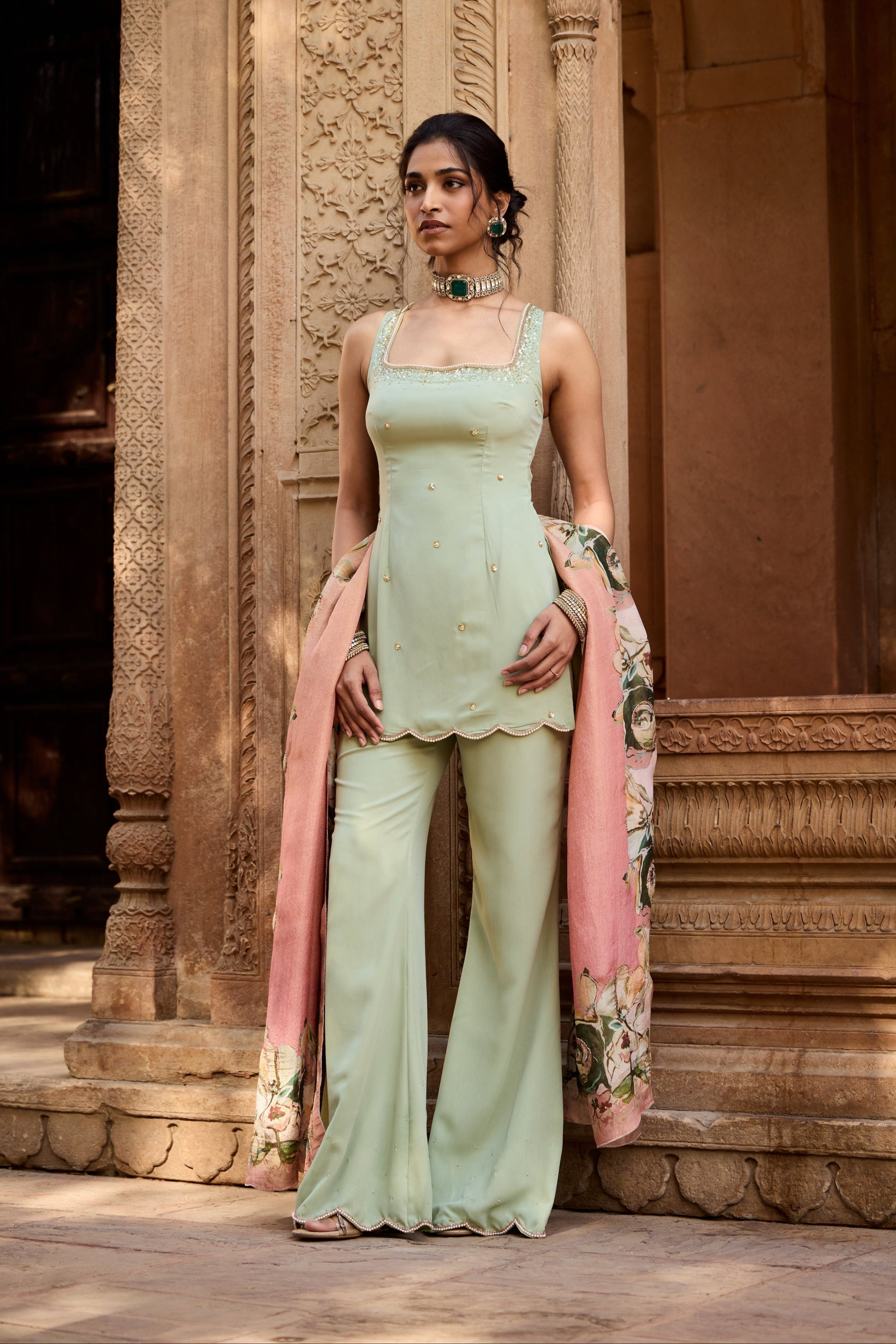 Adara Sage Green Embroidered Sharara Set