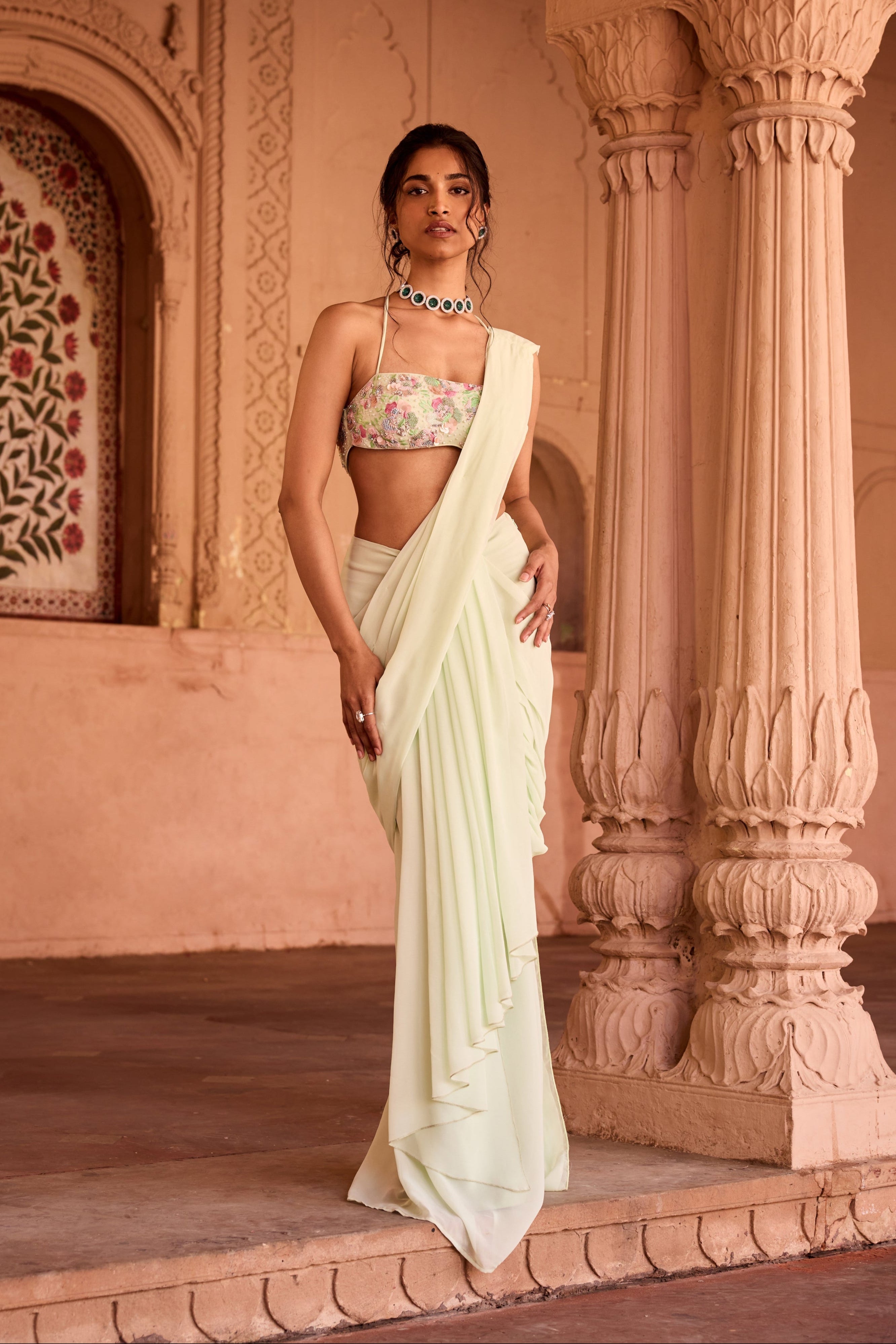 Yasira Pastel Green Georgette Pre-Stitched Saree