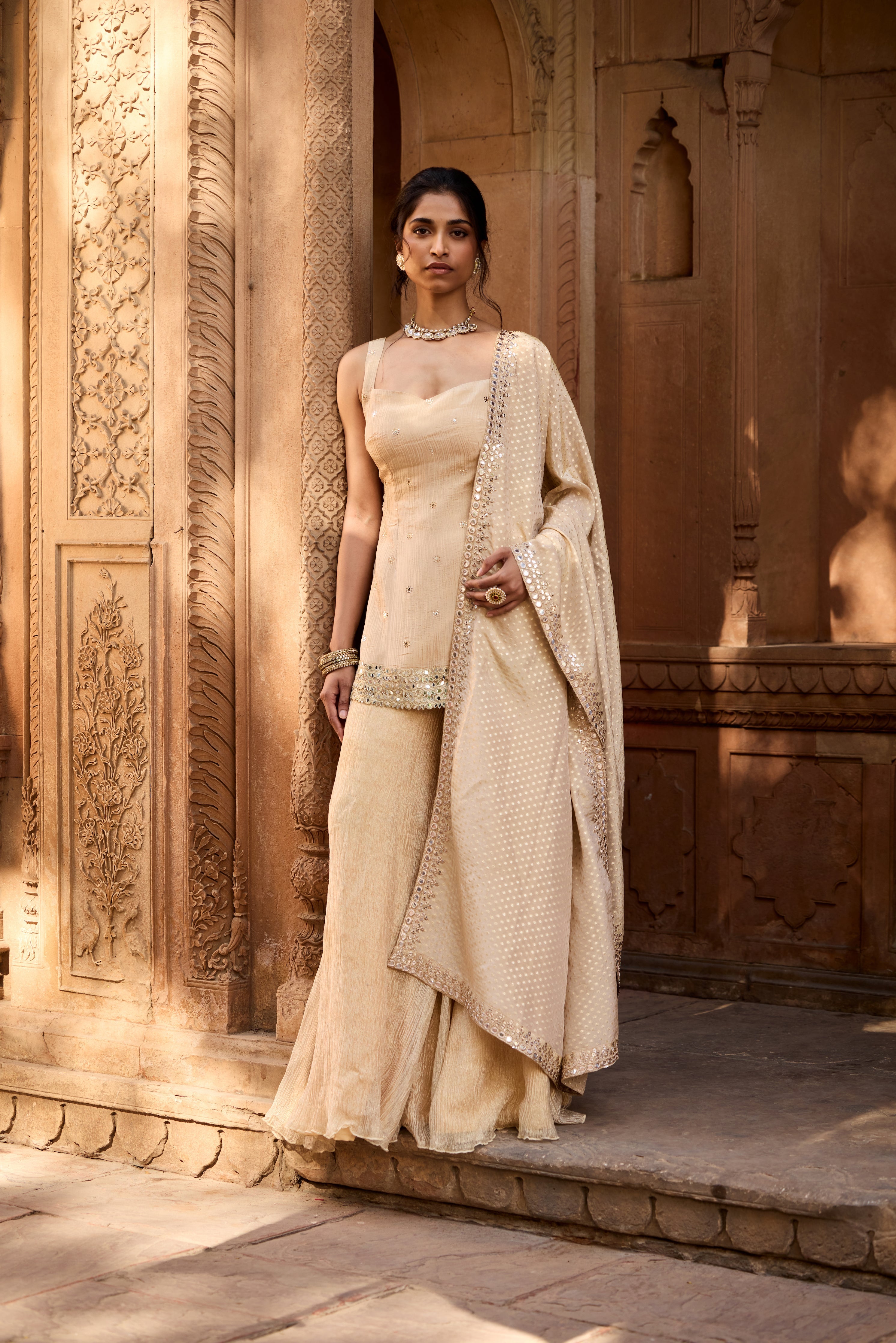 Rumaisa Golden Sleeveless Embroidered Sharara Set
