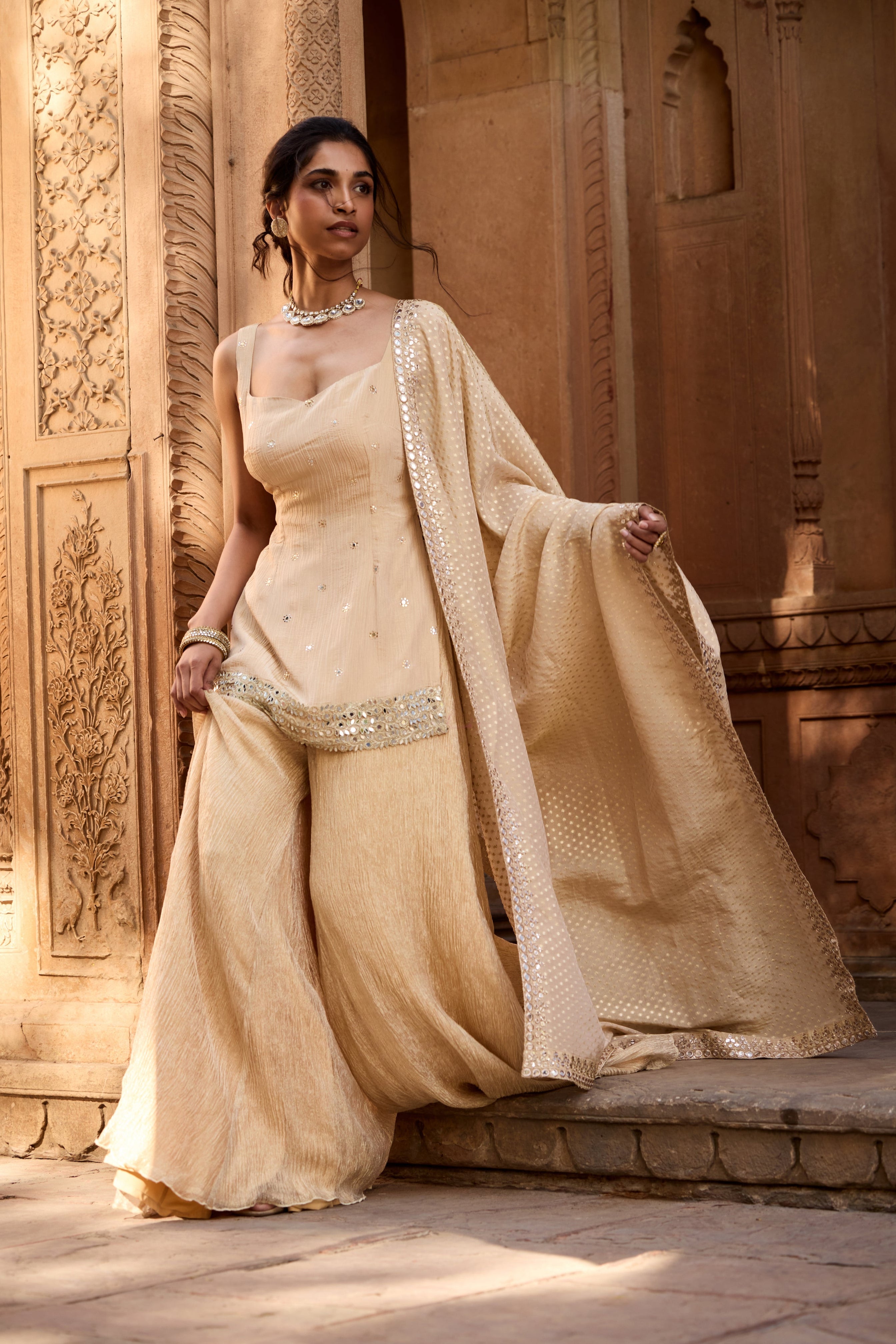 Rumaisa Golden Sleeveless Embroidered Sharara Set
