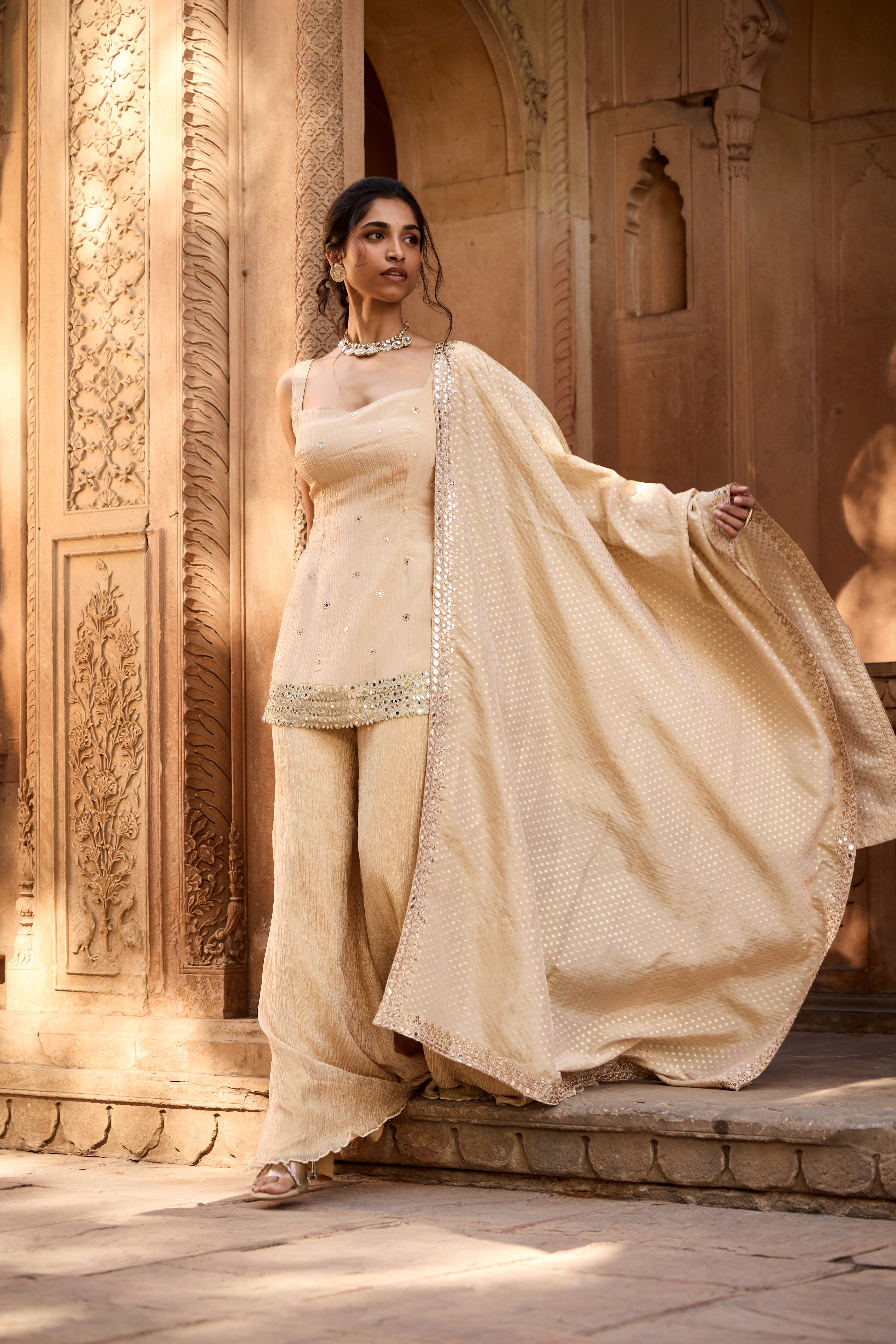 Rumaisa Golden Sleeveless Embroidered Sharara Set