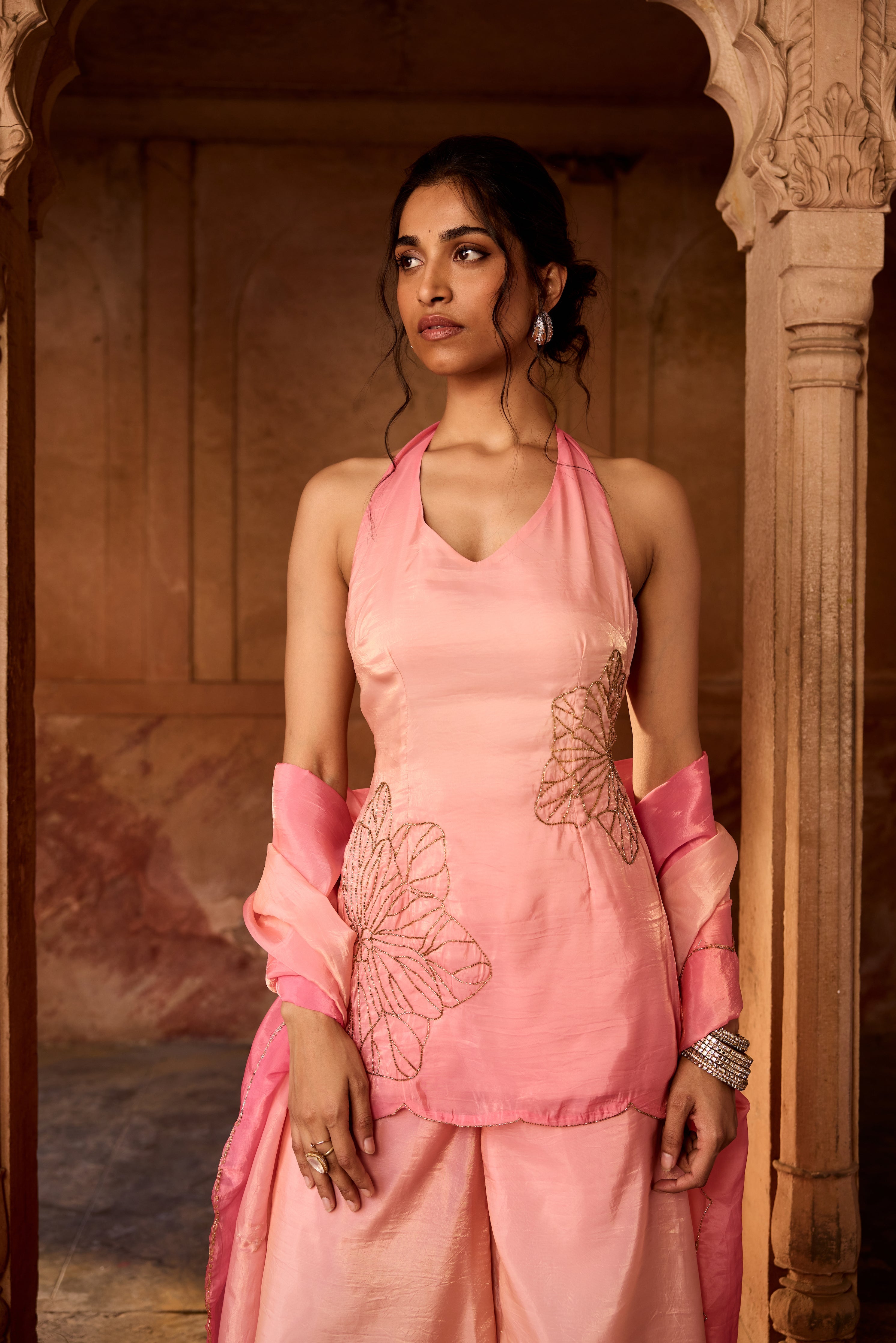 Saabat Pink Ombre Floral Embroidered Sharara Set