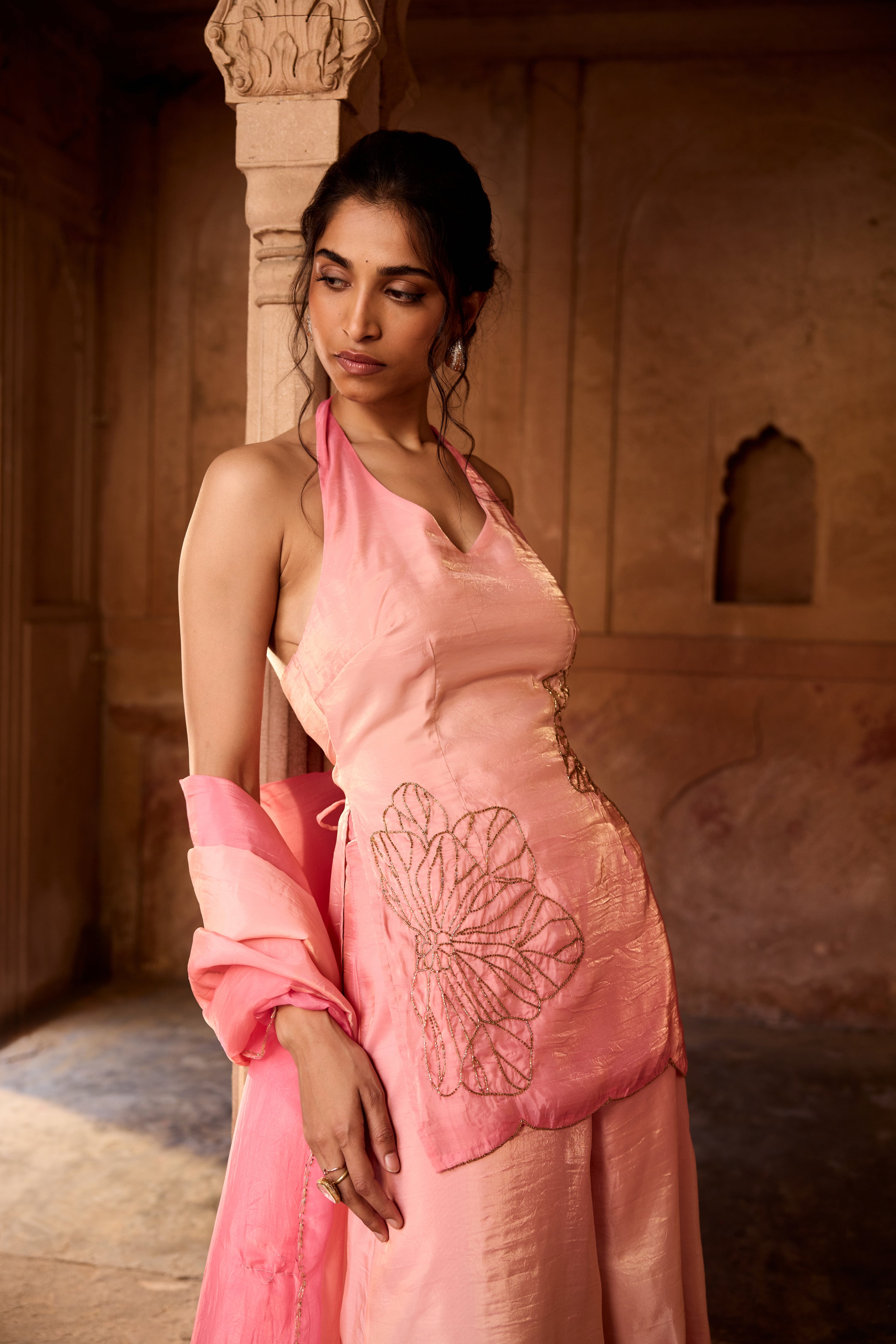 Saabat Pink Ombre Floral Embroidered Sharara Set