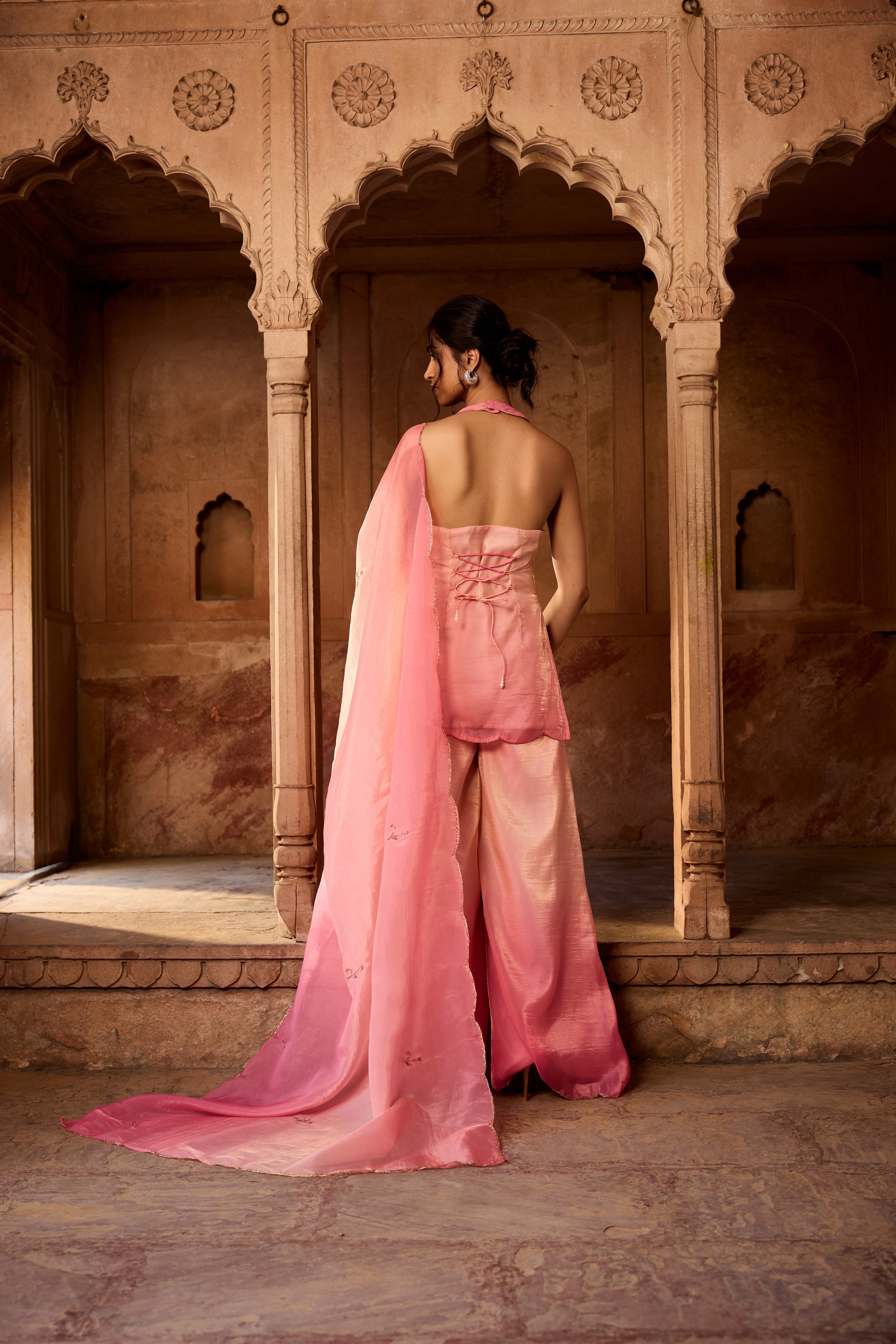 Saabat Pink Ombre Floral Embroidered Sharara Set