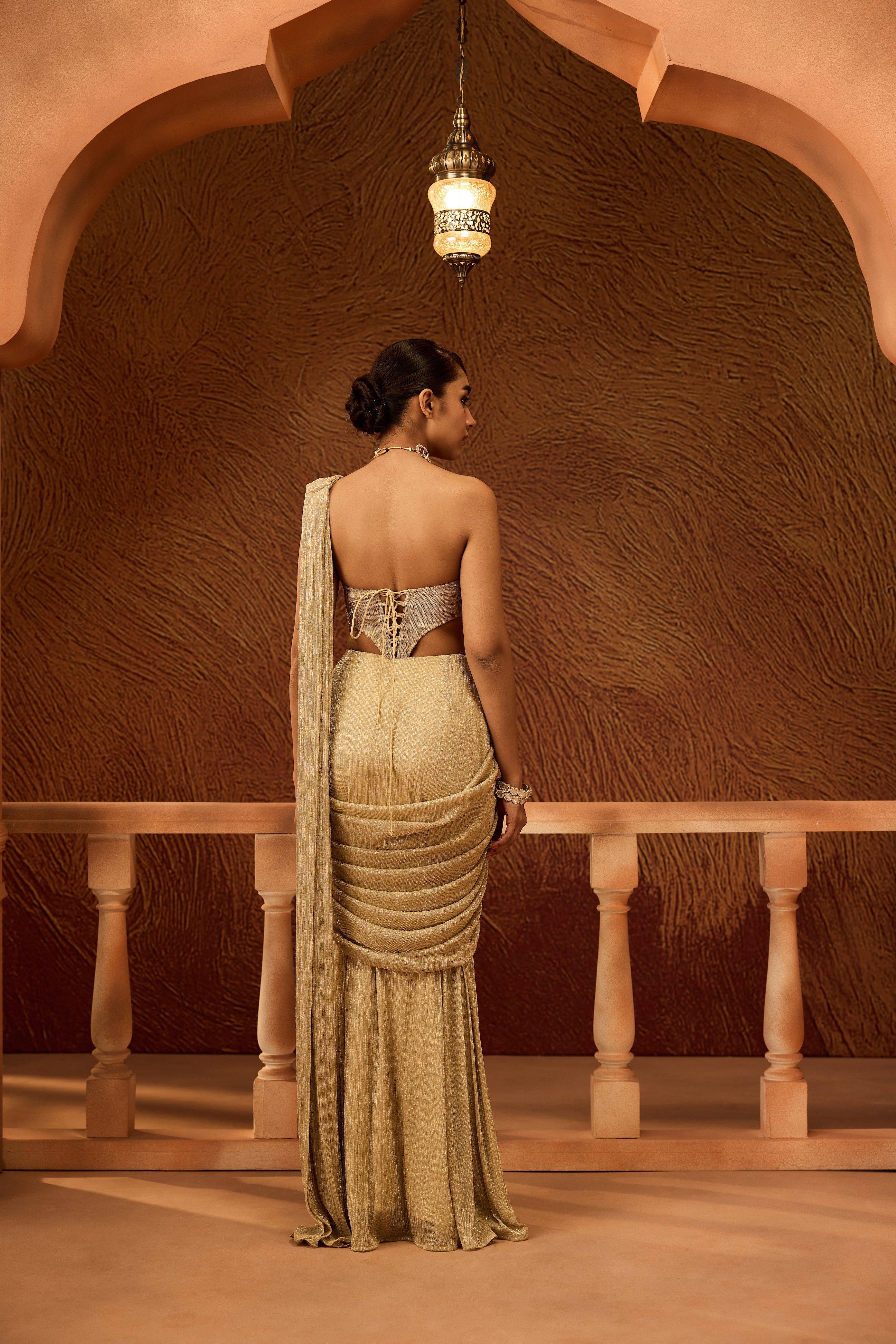 Dyuti Gold Shimmer Pre-Draped Saree Gown