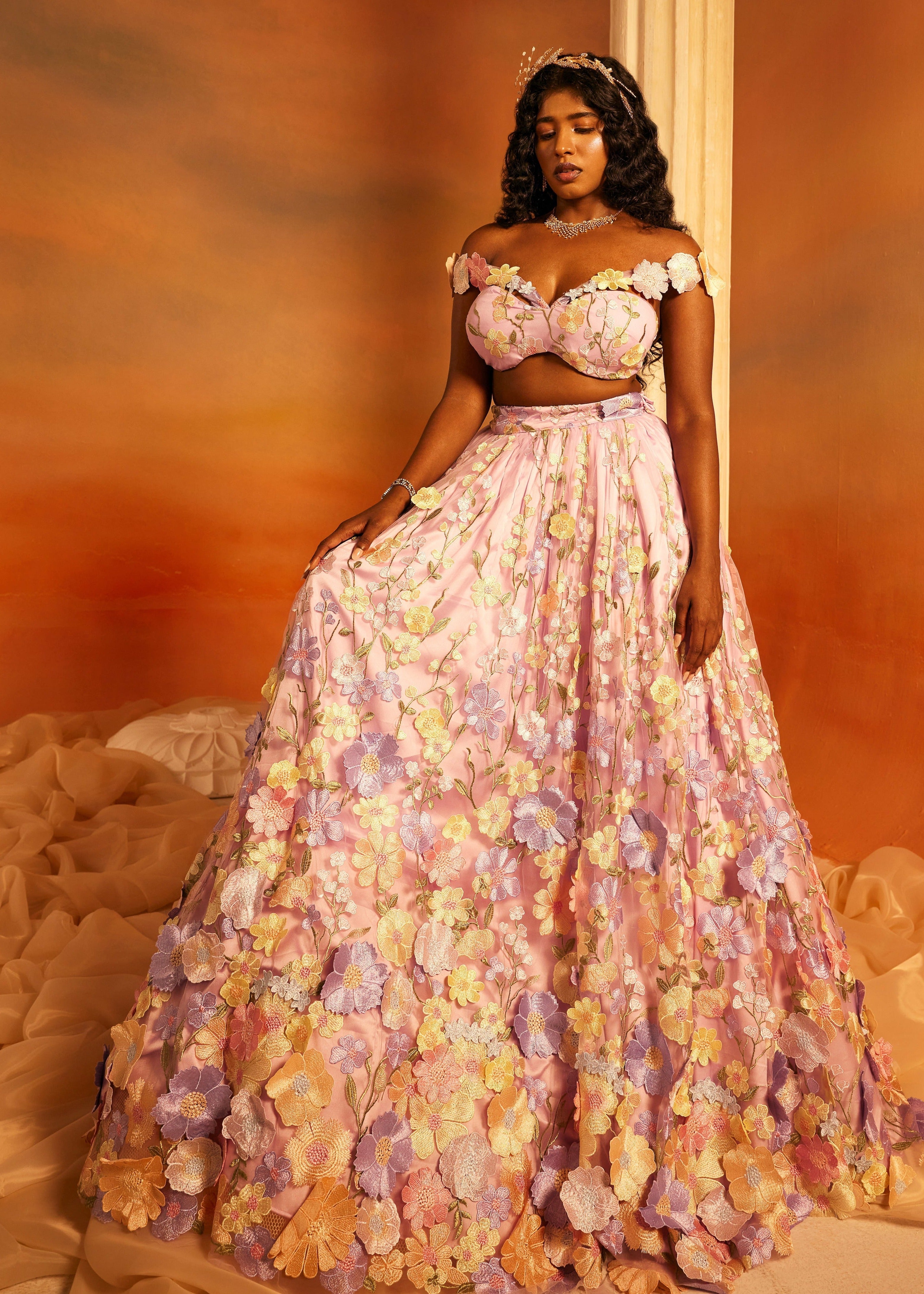 Shop Lavender 3-D Floral Embroidered Lehenga Set