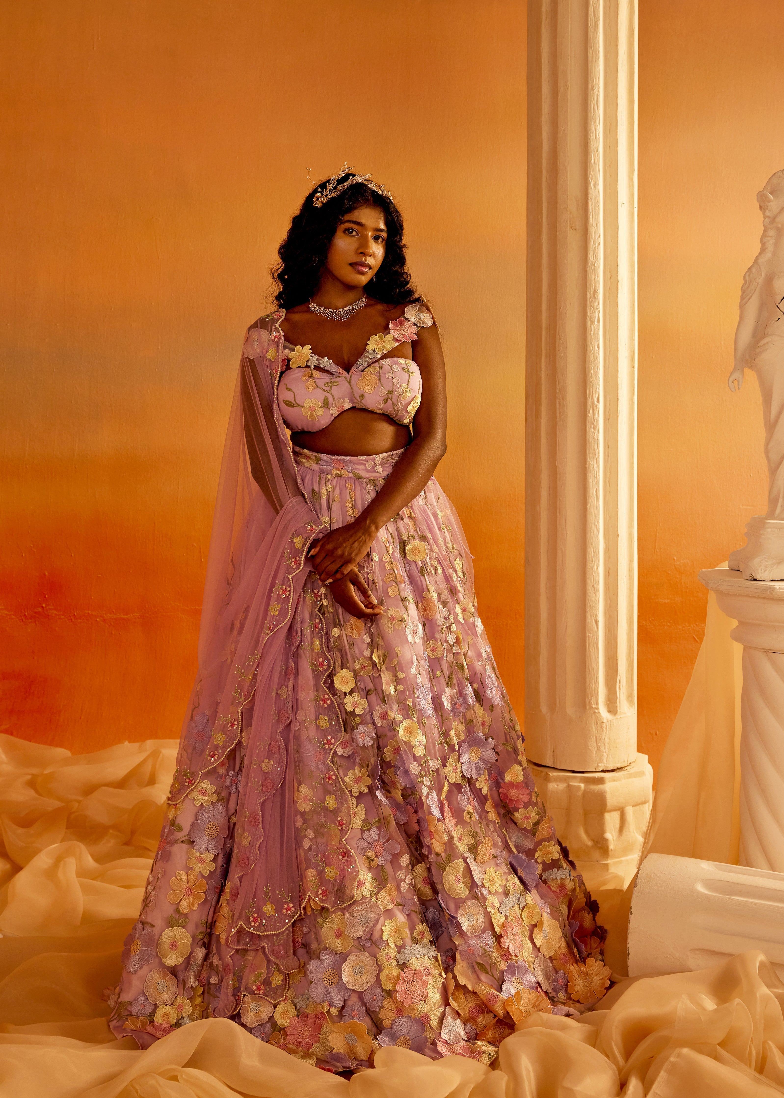 Shop Lavender 3-D Floral Embroidered Lehenga Set
