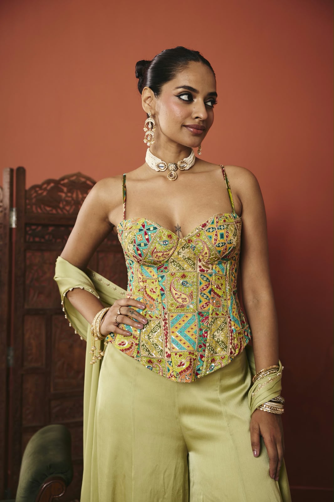 Anaya Pistachio Multicolour Patchwork Embroidered Corset