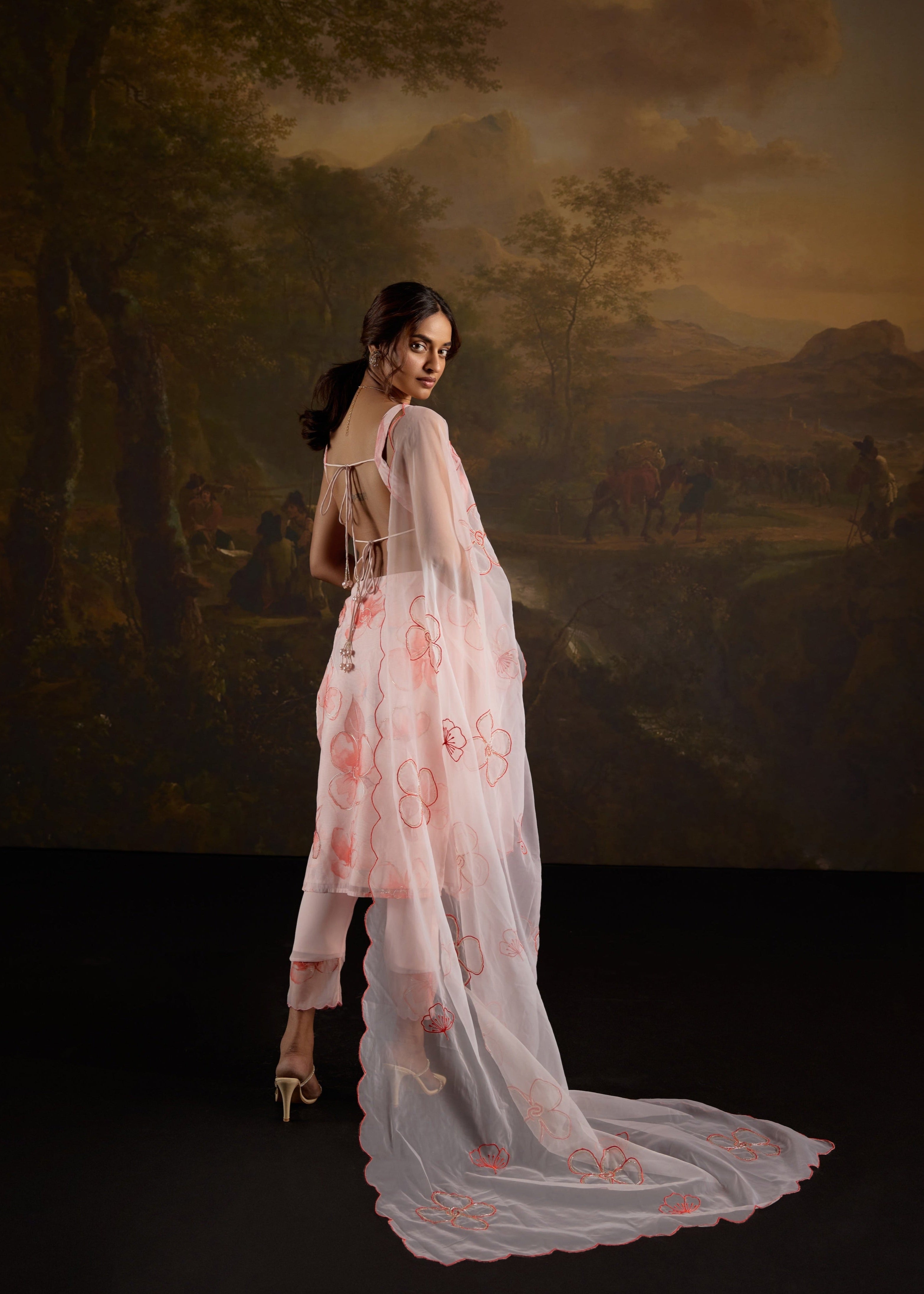 "Zayra Pink Floral Print Embellished Straight Kurta Set: Stylish straight kurta set in pink with floral print and embellishments, perfect for a chic look."