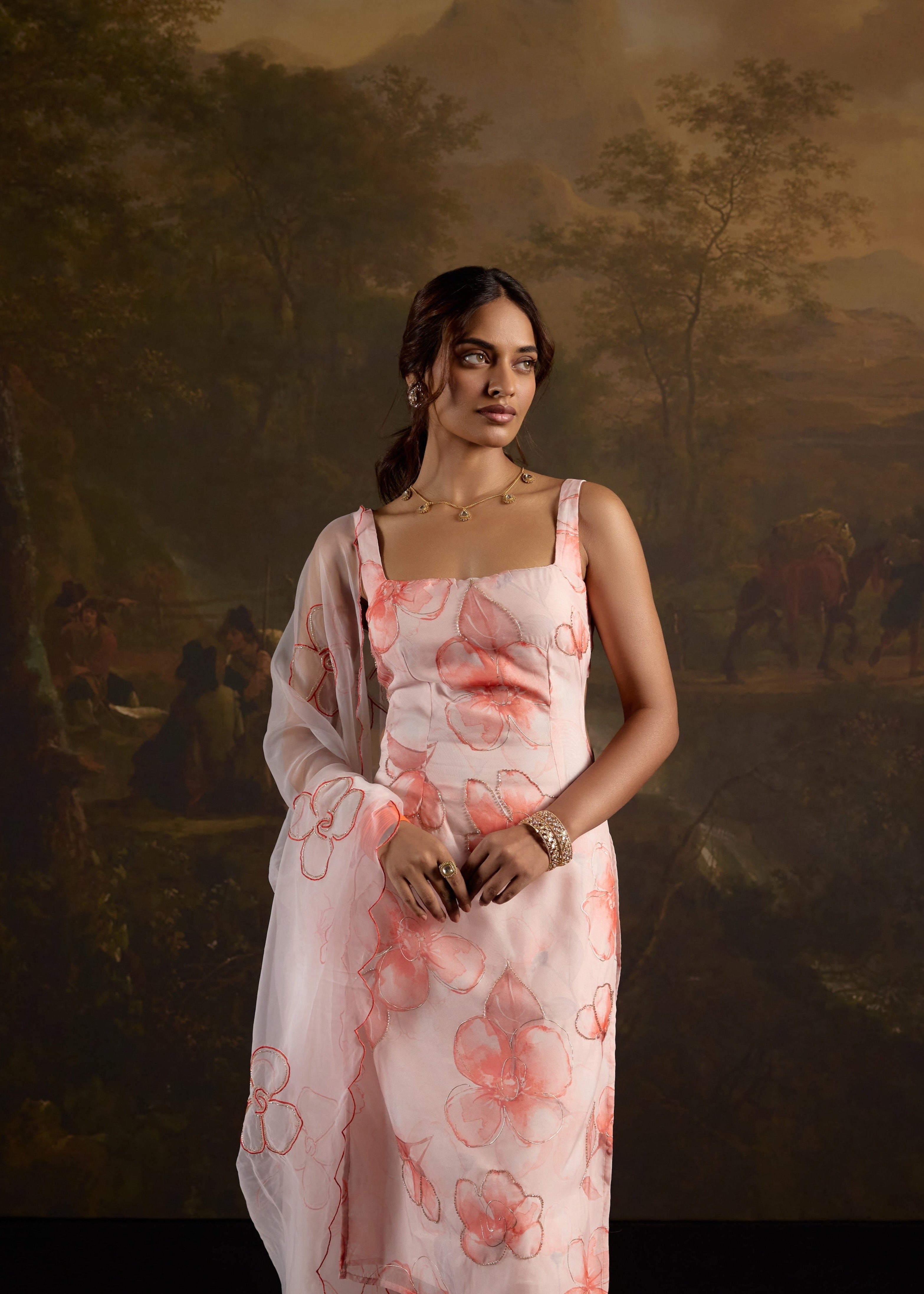 "Zayra Pink Floral Print Embellished Straight Kurta Set: Stylish straight kurta set in pink with floral print and embellishments, perfect for a chic look."