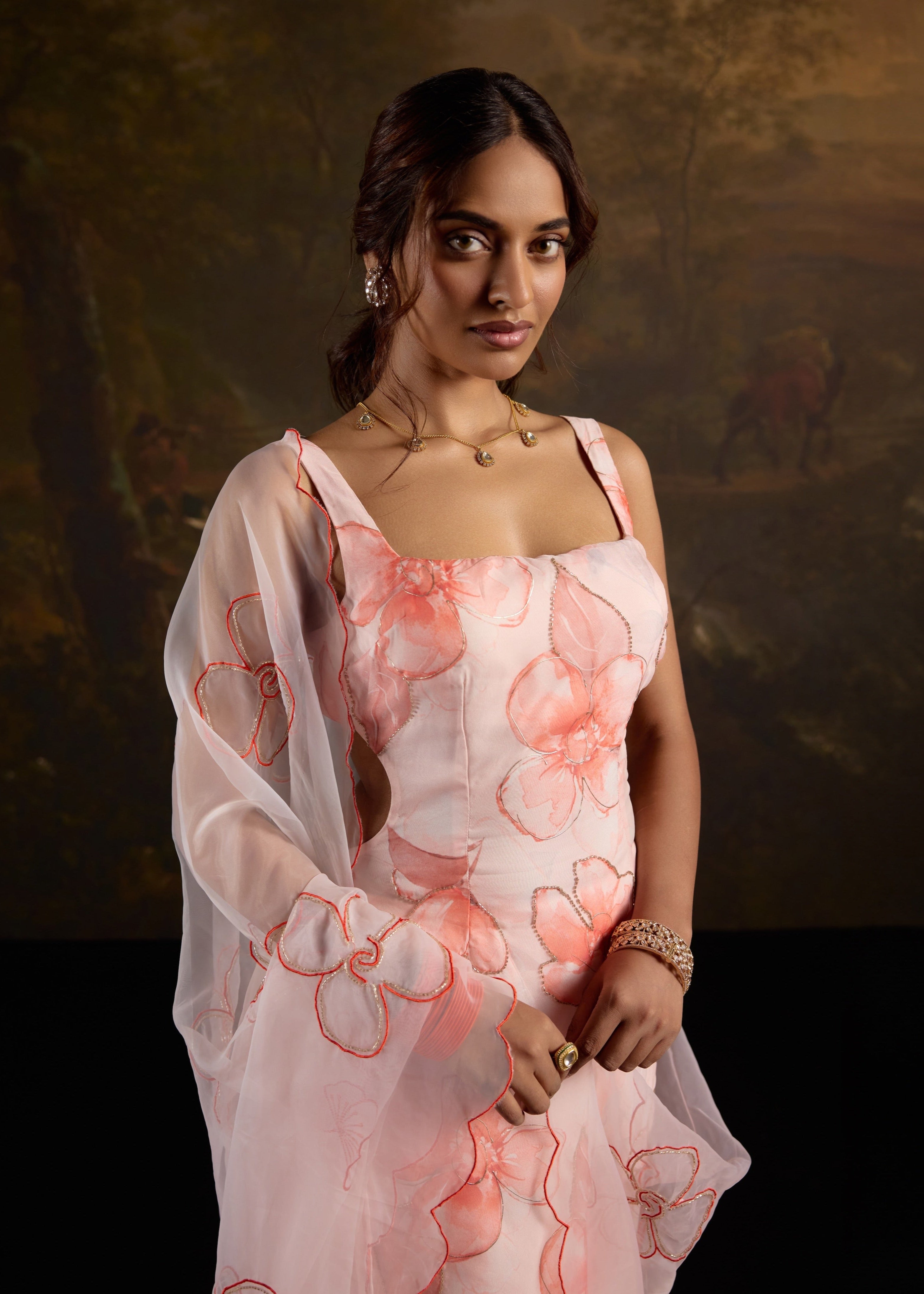 "Zayra Pink Floral Print Embellished Straight Kurta Set: Stylish straight kurta set in pink with floral print and embellishments, perfect for a chic look."