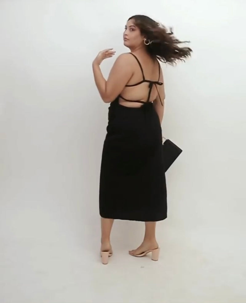 Black Linen Backless Midi Dress