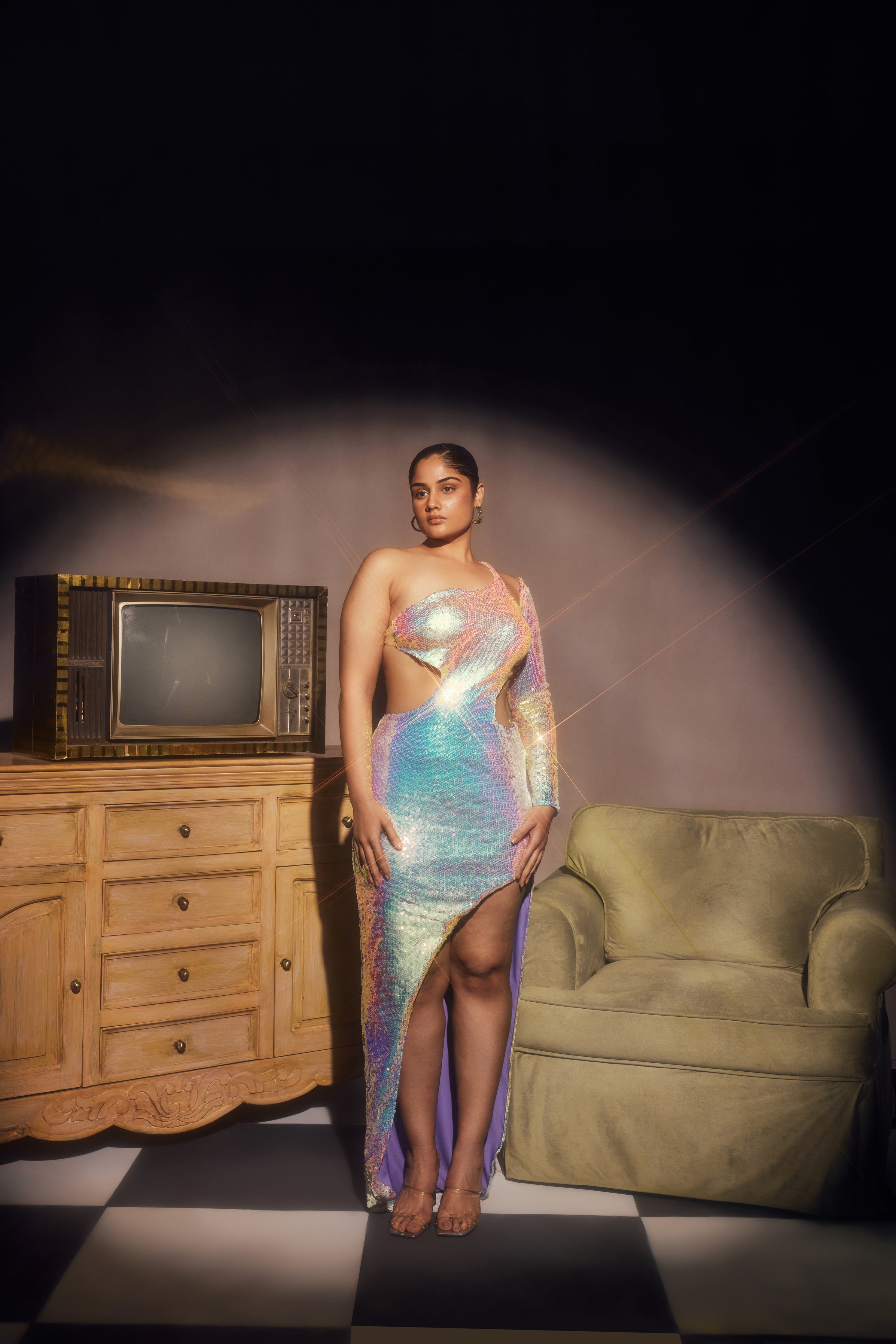 Rainbow sequin one shoulder dress