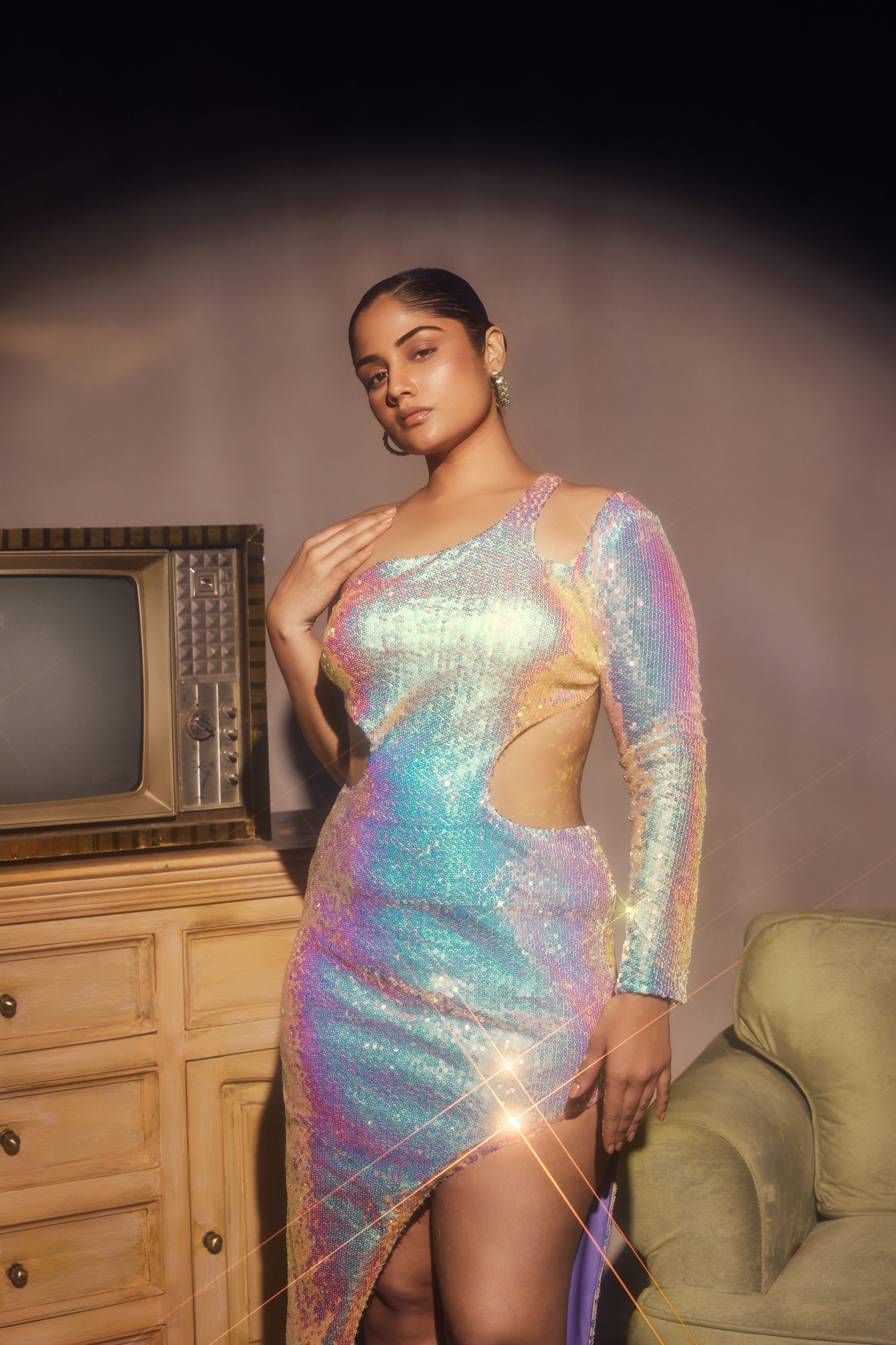 Rainbow sequin one shoulder dress